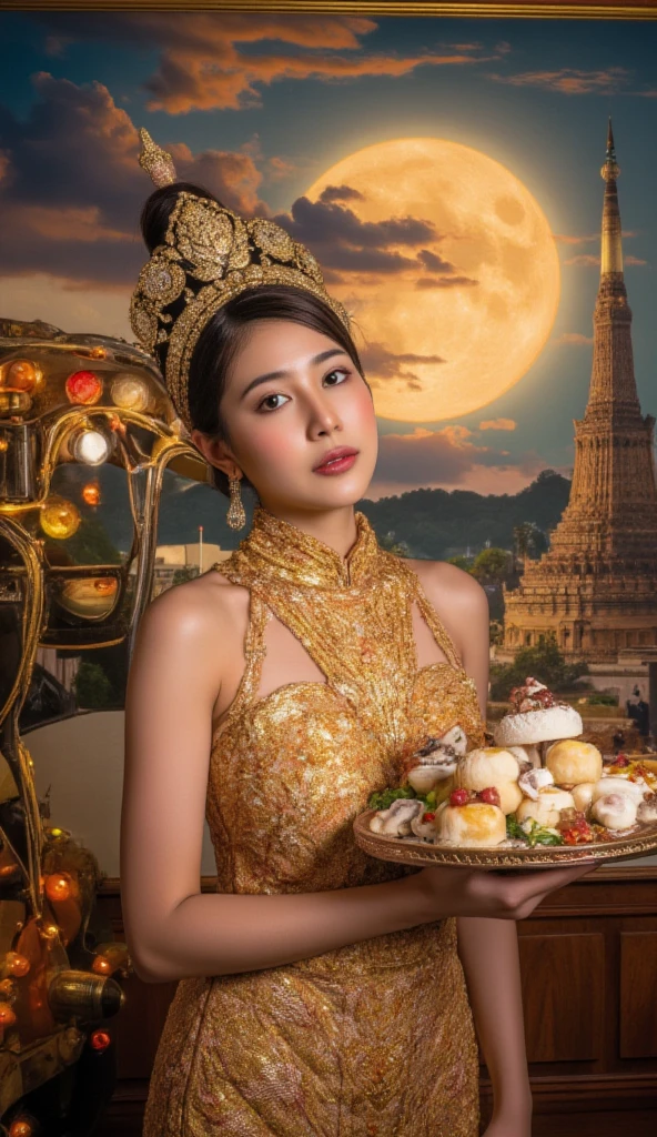 A realistic depiction of a stunningly beautiful Thai woman with lifelike features, dressed in traditional Thai golden attire, wearing an intricated thai crown. She holds a large bowl of Tom Yum Kung in her left hand and a tray of Thai desserts, including Thong Yip and Thong Yod, in her right hand. The background is an artistic illustration resembling a painting, featuring a traditional Thai tuk-tuk on the left and the iconic Wat Phra Kaew (Temple of the Emerald Buddha) on the right. Large Full moon with mandala style in the back. The picture in a high-resolution composition. take by profestional protograhper. Christmas Themed at the midnight in Thailand