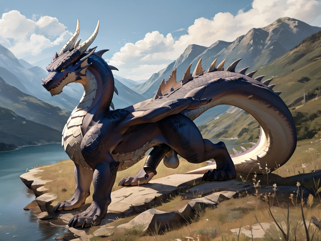 Dragon, realistic scalie, feral, anatomicamente animal, lago, balls and large white equine penis, standing, all fours, solo, large body, large paws, gray body, small waist, large tail