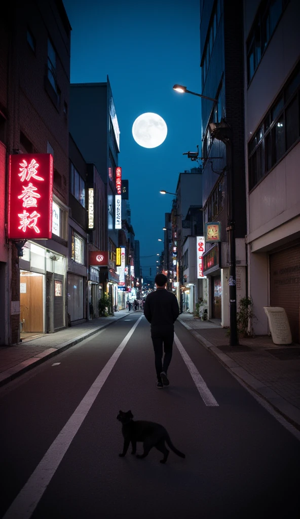 a surreal urban landscape, where the boundaries between dreams and reality blur. A solitary figure walks through a quiet, dimly-lit Tokyo street at midnight. Neon signs flicker, and the city seems to breathe as if alive. In the distance, a mysterious jazz melody plays from a hidden bar, and a large, perfectly round moon hangs low in the sky, casting an eerie glow. A black cat crosses the path of the figure, its eyes glowing like stars, hinting at something otherworldly lurking just beneath the surface of everyday life., Haruki Murakami style