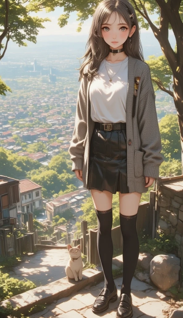 ((( Cat on the Stone Steps   )))、   best quality 、  Masterpiece 、   Perfect Anatomy  ,非常に詳細な   girlの顔、   girl, On the way to school, Chat with friends, stand, School Area,  countryside, landscape, Round Glass,    MIDDLE SCHOOL CARDIGAN  , (   Sleeves are longer than the wrist ), Strong Loafers,  dark grey long hair    , Straight slit    ,     BEAUTIFUL DARK EYES     ,    black knee socks ,   movie lights,    upper body, :3, School Area, countrysideの学校