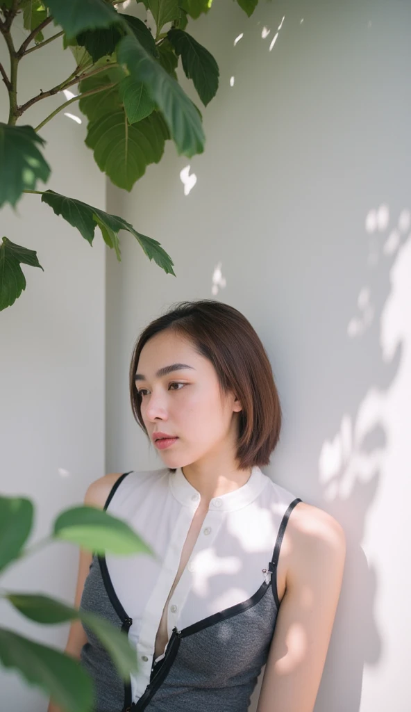 A close-up young thai woman standing gracefully against a white wall, her posture relaxed as dappled sunlight filters through the leaves above, casting soft shadows and patterns across her face and body. She gazes thoughtfully, with a serene expression, as the interplay of light and shadow creates a natural, artistic effect. The white wall provides a clean, minimalist backdrop, emphasizing the delicate details of her features and the gentle glow of the sunlight. The scene feels tranquil and timeless, with subtle textures of the wall and leaves adding depth and warmth to the composition