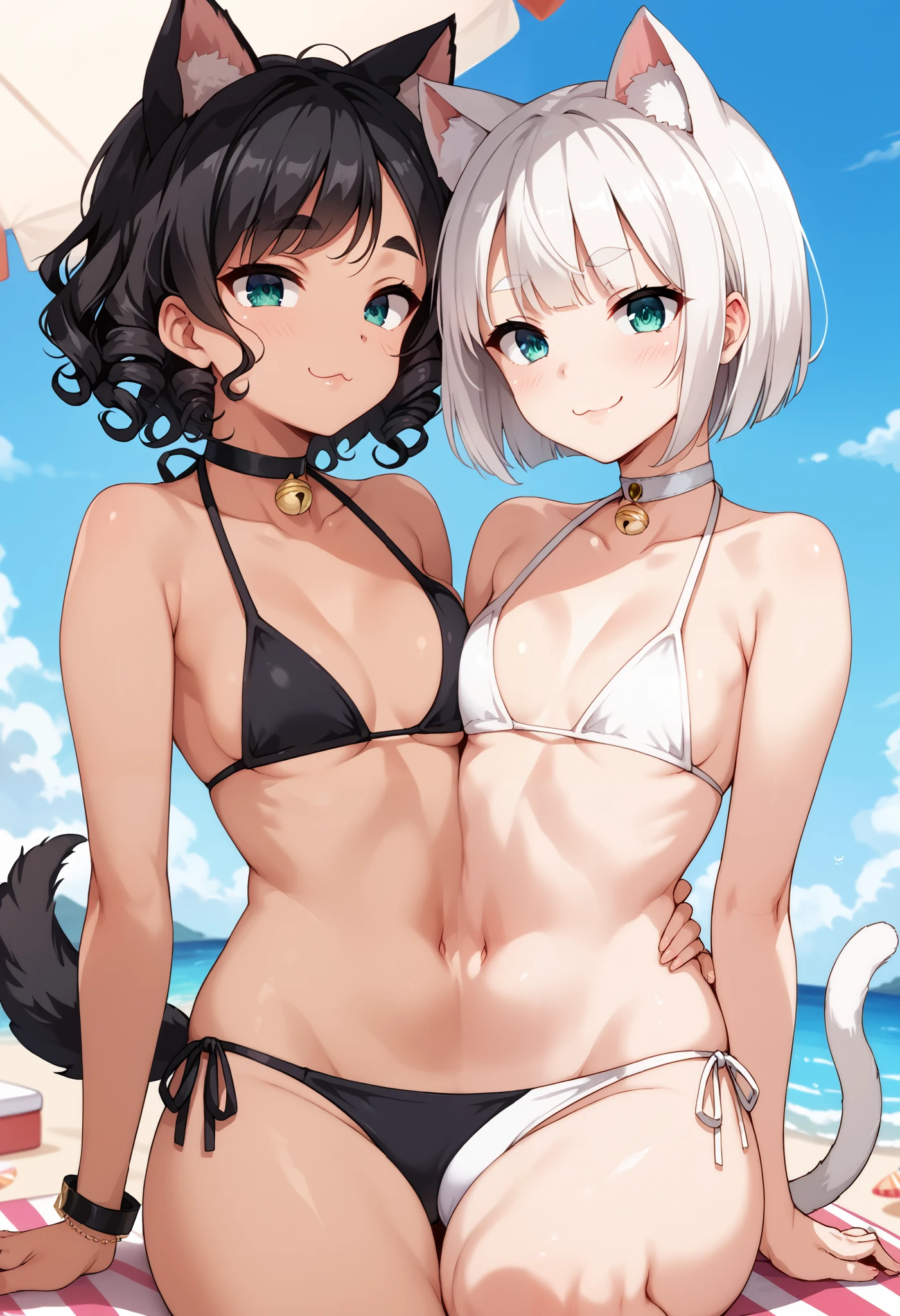 best resolution, conjoined, anime girl with two torsos, different chest size, , tall, white hair with bob cut, short frizzy black hair,  cat ears, dog ears, cat tail, dog tail, different skin colors,  tareme eyes, tsurime eyes,  different eyebrows, flirting, looking at each other, choker, bikini,  beach