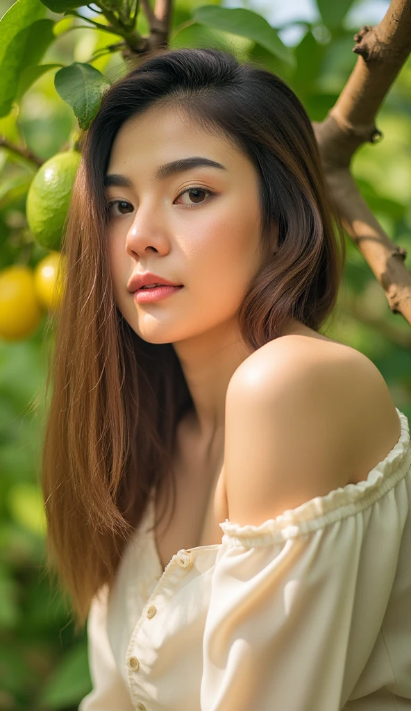 Topic: Close-up portrait of a young thai woman side pose gazing into the camera, standing beneath a lemon tree, sunlight filtering through the leaves and casting soft patterns on her face.
Material: Photorealistic.
Style: Natural, soft-focus portrait with a botanical theme.
Artist: Inspired by the works of Annie Leibovitz.
Webpage Influence: Featured on National Geographic Photography.
Sharpness: Ultra-detailed facial features with a smooth, soft background.
Extra Details: A calm, reflective expression, with lemons and leaves subtly framing her face.
Shade and Color: Warm, golden sunlight mixed with fresh green tones from the foliage.
Lighting and Brightness: Diffused sunlight creating gentle dappled shadows across her face and shoulders