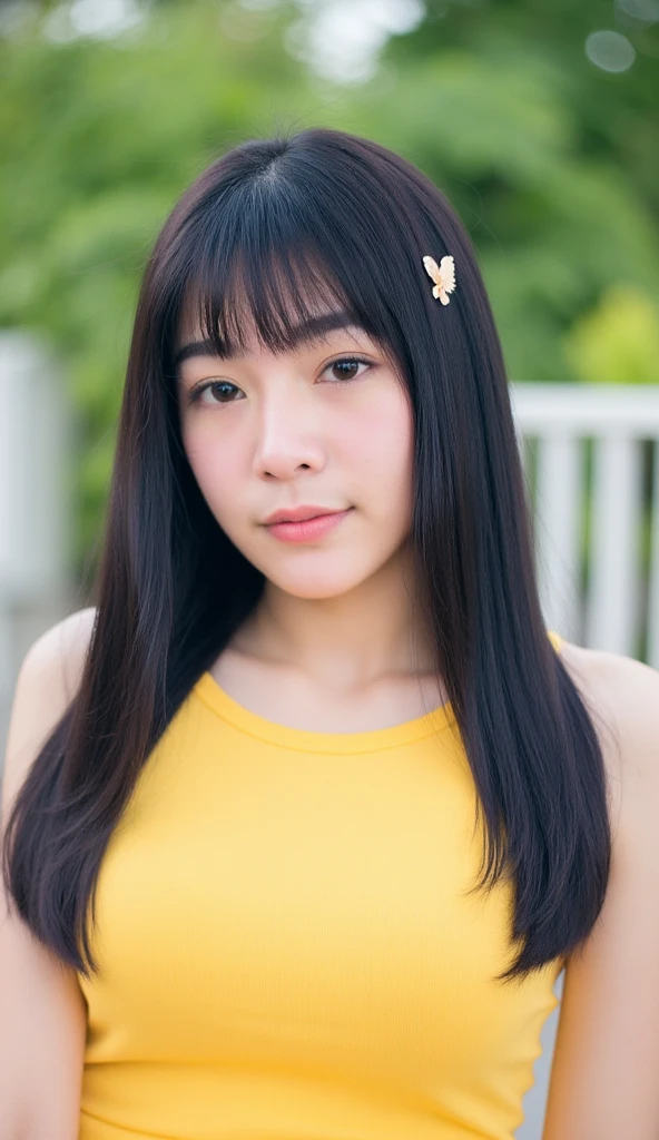 young woman with long, straight black hair and bangs, wearing a sleeveless yellow top. She has a fair complexion, delicate features, and wears a neutral expression. Her lips are slightly parted, and she has a small, butterfly hair clip on her left side. The background is a blurred outdoor setting with greenery and a white railing, suggesting a sunny day