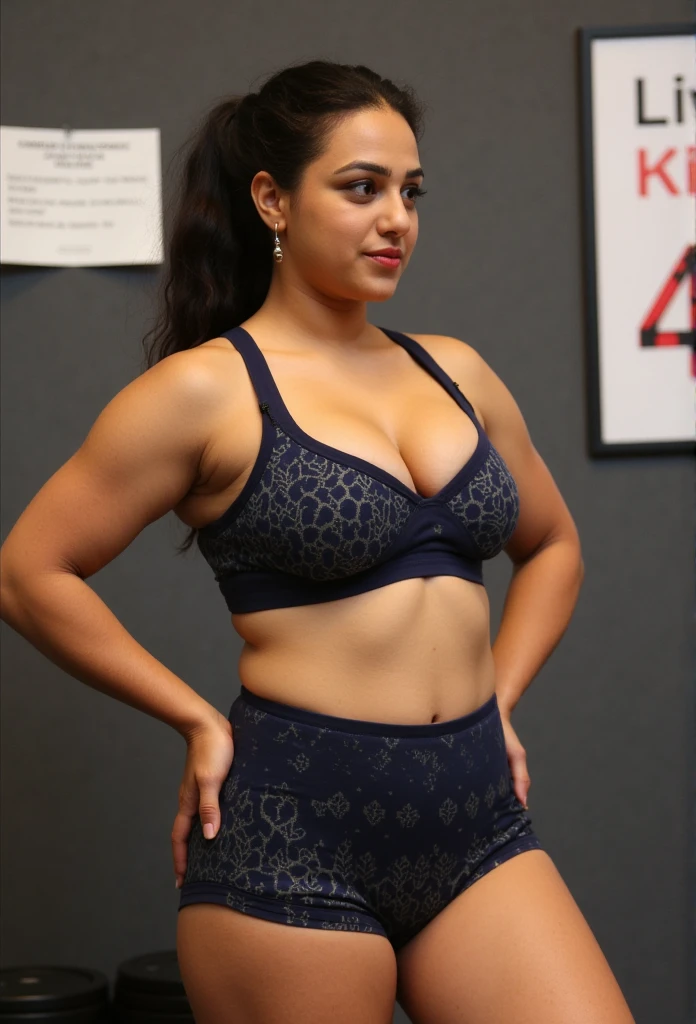 Indian curvy woman doing sports, big breasts and buttocks, deep cleavage, round navel, sports bra and very short tight shorts, black hair tied back, lifting weights. 4K ultra definition, realistic, 99% similar to reality