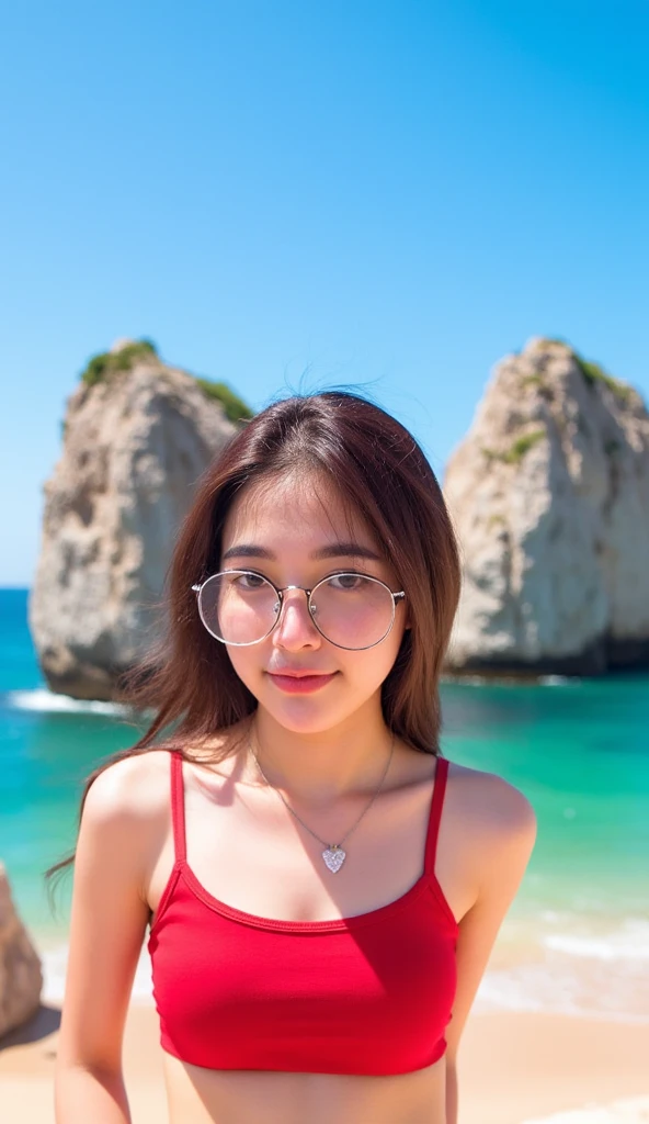 Photography with: Casual outdoor Portrait, Front Angle, high-level Shot
A young Asian woman enjoying a sunny day, loose wavy hair with a soft smile, Arms up and eyes close, chin up. The wind blows her hair. stands on a cliff in a red bikini top and red thong, there is a rope behine her. She gazes at the turquoise ocean and two large rock formations, framed by a serene blue sky. She has round glasses and a delicate heart-shaped pendant necklace, enhancing her gentle and serene expression. creating a vibrant and peaceful beachside atmosphere