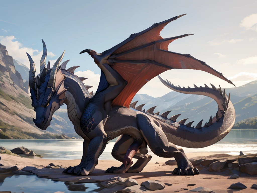 Dragon, realistic scalie, feral, anatomicamente animal, lago, balls and big white equine penis, standing, all fours, solo, large body, large paws, gray body, small waist, large tail