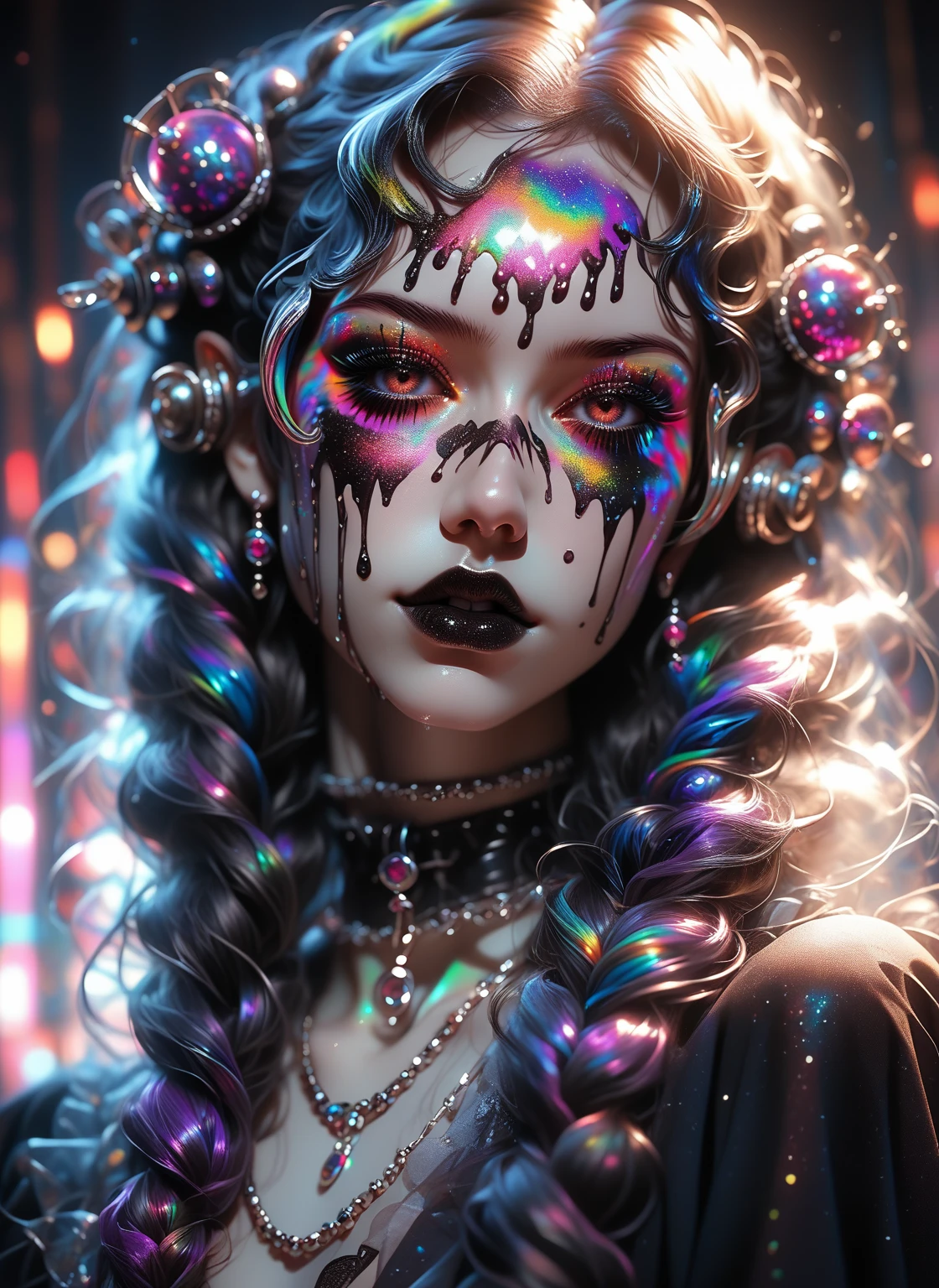 ((memo)), in the style of cranberrycore, dark and chaotic, fairy kei, manticore, gothic dark intensity, emphasis on facial expression, vanitas, a hyper-realistic and ultra-detailed photo of a beautiful girl, ultra-realistic, th3rm4l, colorful, perfect etes,