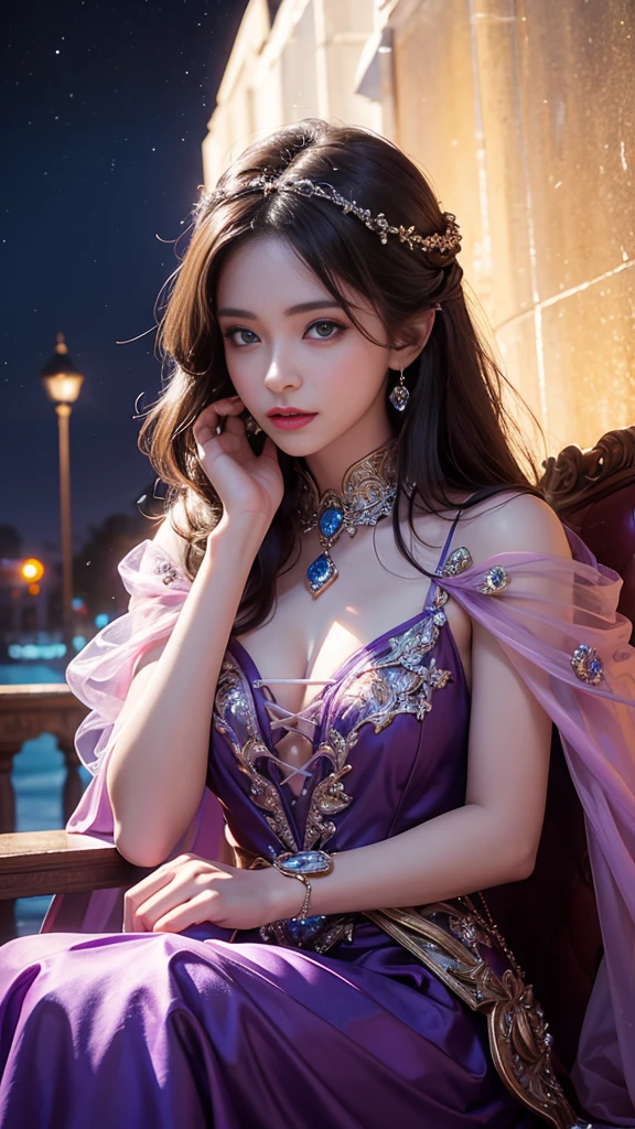 8K ultra hd, masterpiece,1 girl, ((realistic face)), detailed eyes, ((very long hair)), flowing hair, small breasts, royal dress, decorated dress, purple dress, anitque jwellery, detailed lacing, flowing cape, bare navel, moon light, amazing night outdoor, spot lights, glowing lights, depth of field, ray tracing, bloom, realistic shadow, tyndal effect, spreding, lights, looking at the audience, attractive pose,