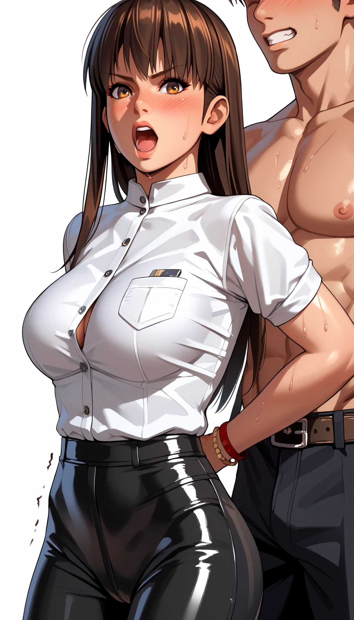 LeiFangDOA, gasp, 1 girl and 1 male, a male holding girl’s groin, glossy black pants, a glossy white business shirt, arms behind back, {{arching the body backward}}, office lady, be breathless, sweat, sparkling sweat, trembling, long brown straight hair, breasts, [[angry]], blush, {anguish}, {{shameful}}