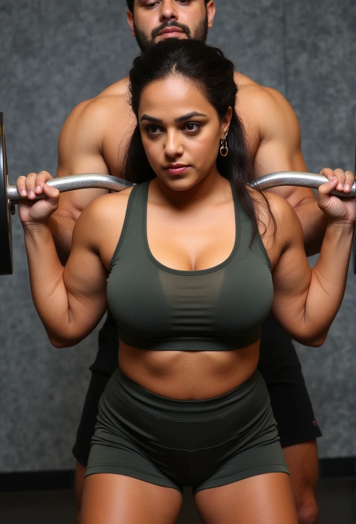 Indian curvy, dusky woman doing sports, big breasts and buttocks, deep cleavage, round navel, sports bra and very short tight shorts, black hair tied back, lifting weights.a male trainer supporting her hands in behind he wering a black shorts 4K ultra definition, realistic, 99% similar to reality 