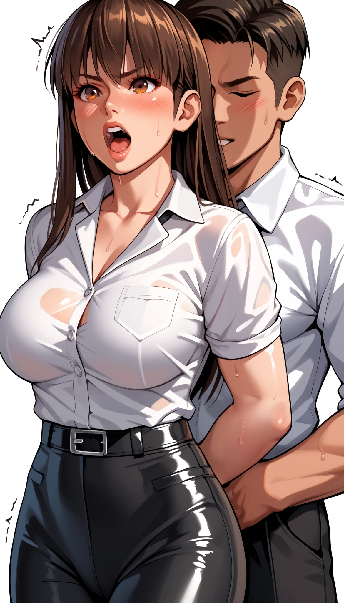 LeiFangDOA, gasp, 1 girl and 1 male, a male holding girl’s groin, glossy black pants, a glossy white business shirt, arms behind back, {{arching the body backward}}, office lady, be breathless, sweat, sparkling sweat, trembling, long brown straight hair, breasts, [[angry]], blush, {anguish}, {{shameful}}