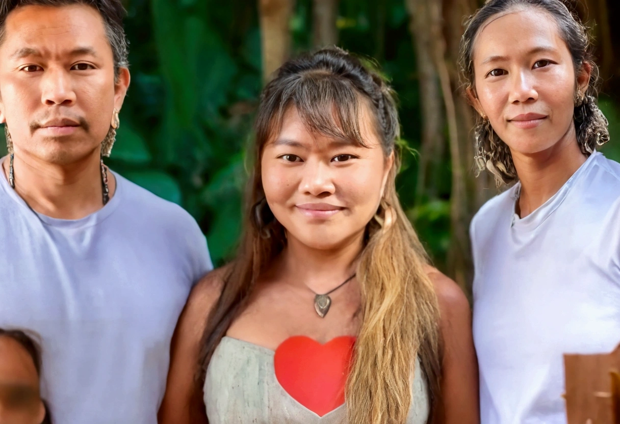 there are three people that are standing together with a heart, family, real ungine, wearing tribal armor, three hairy fat cave people, husband wife and son, ayahausca, unreal ungine 5, south east asian with round face, three hairy neanderthal people, wholesome techno - shaman lady, 3 0 years woman, perfect android girl family, backdrop