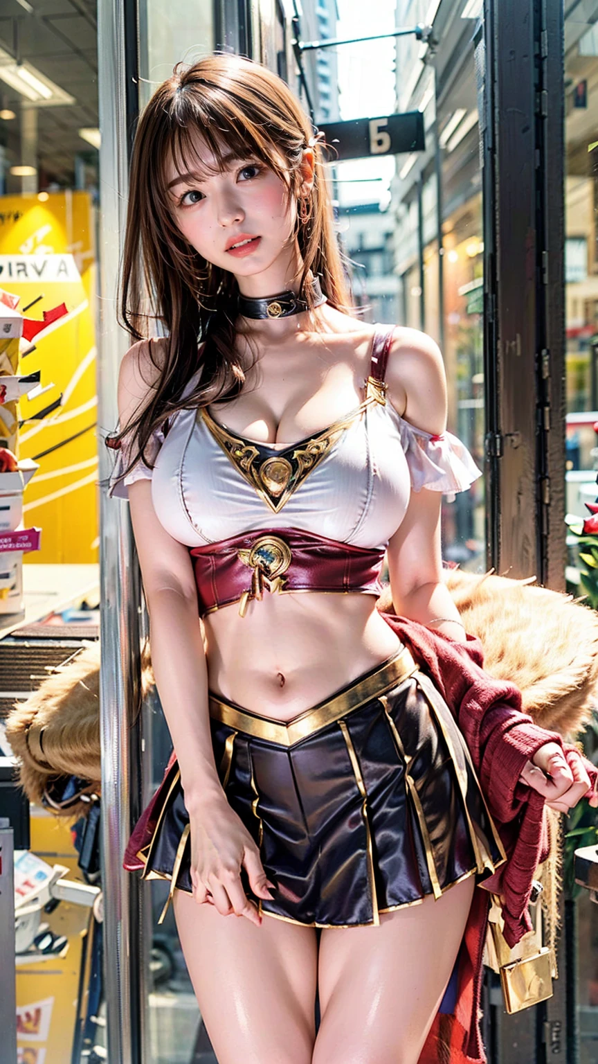   1 girl，big tit female body set ，  Supergirl Costume Dress，skirt、ミニskirt、Cutting clothes，close，  Off Shoulder Outfit，Charming，  perfect body，street，belly button，Abdominal vest line，Brown Hair、Long Hair、Long Hair、  Sexy Poses