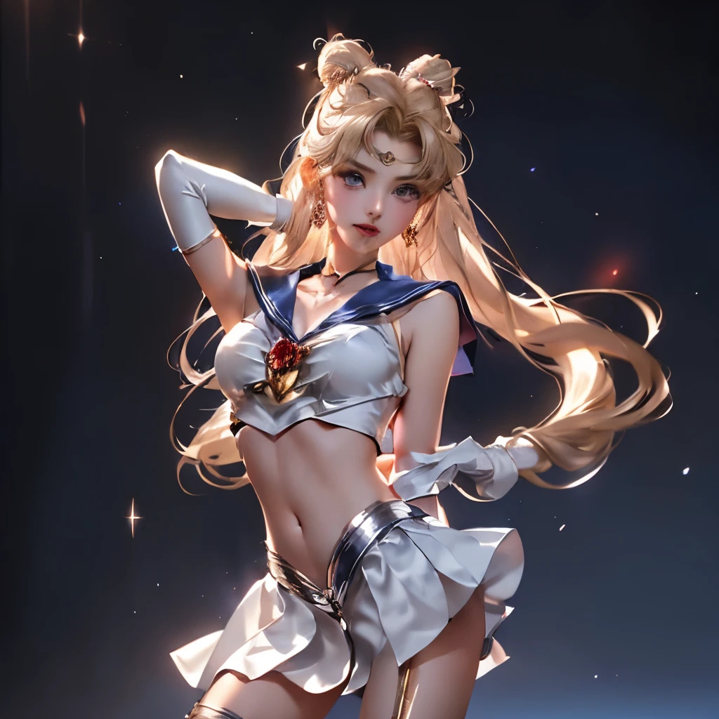 masterpiece, full: 1.3, to stand, 8K, 3D, Realistic, Ultra Micro Photography, of the highest quality, Extreme Details CG Unity 8K Wallpapers, From below, Intricate details, (nsfw:1.2),(1 female), 28 years old, (meishaonv,Sailor Moon,very beautiful and perfect face,tiarra, Sailor Senshi Uniform Sailor: 1.2, Sailor Moon: 1.2), Incredibly long bright twin-tailed blonde, Thin and very long straight twin tail blonde, Hair bun, Red round hair ornament in a hair bun, satin Sailor Senshi Uniform, huge tit, (Silver-blue collar, blue sailor collar, Silver blue pre-gate ultra mini skirt: 1.3,Pants are visible,Super High Leg Swimsuit,  very large red bow on the chest,,: 1.3, Long white satin gloves: 1.3, Red gloves on the elbows, very large red bow behind the waist,: 1.1, cleavage looks bigger:1.2, a golden tiara, earrings), (Face Details: 1.5, Bright blue eyes, Beautiful face, Beautiful eyes, shiny eyes, thin lips: 1.5, thin and sharp pale eyebrows, long dark eyelashes, Double eyelashes), Luxurious Golden Jewelry, Thin, thin and muscular,,, a small face, Perfect proportions, thin waist, SEXY Model Pose, Visible Pore, Seductive smile, Perfect hands: 1.5, Very thin and fitting high gloss silver-white holographic leather, Octane Rendering, highly dramatic picture, Strong natural light, Sunlight, exquisite lighting and shadow, Dynamic Angle, Digital SLR, Sharp Focus: 1.0, Maximum clarity and sharpness, (Space background,Moon, dynamic background, Detailed background),(Rabbit, Double bun, Twin-tailed, Parted bangs, circlet, Jewelry, earrings, Choker, Red bow, White Gloves, elbow groves, Blue skirt
),nffsw