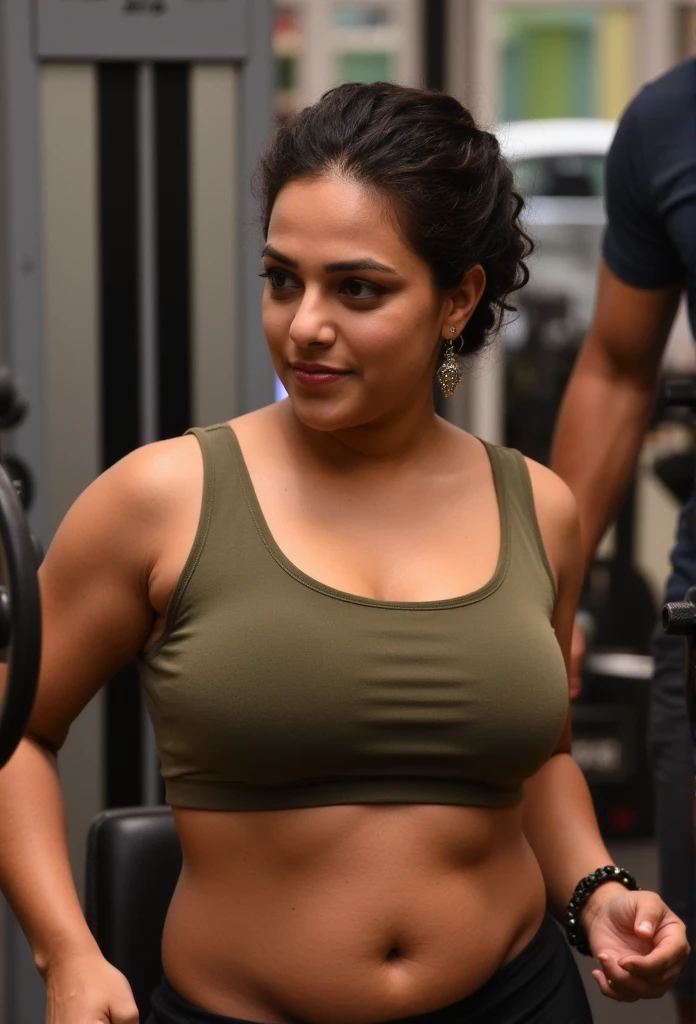 Indian curvy, dusky woman doing sports, big breasts and buttocks, deep cleavage, round navel, sports bra and very short tight shorts, black hair tied back, lifting weights.a male trainer touching her navel in behind he wering a black shorts 4K ultra definition, realistic, 99% similar to reality 