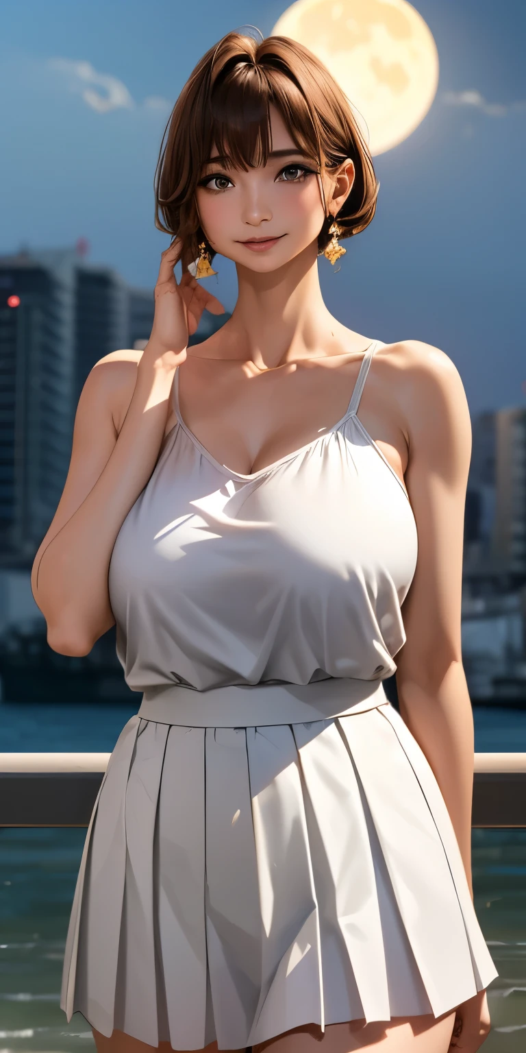 ((( gigantic Breasts:1.2)))、((Curved abdomen))、( Clear Clear Picture 、masterpiece、CG、 best quality、 high definition 、 Very Beautiful and Delicate 、 excellent anatomy:1.3)、( detailed eyes on board)、Beautiful face、 perfect face、cute、 mature woman、 pink lips、 one girl、 beautiful body、 Tight Waist 、, mature woman, Big Breasts ,Aqua Eye,Blonde,thoracic arch(thoracic arch) ,Minded( pleated skirt) , White Elbow ( upper body) , Man with a Full Moon Background  , Person in the Night Sky  ,Man in the Sea  ,Man in the Sea  、 Starry Sky、Straight、Fantasy、 amazing、 romantic、