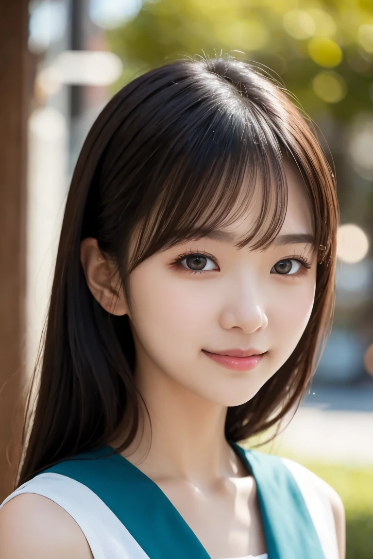 masterpiece,  best quality,  realism,  ultra detail,   fine details,  high definition , 8k wallpaper,  Japanese girl who can see into the distance, 18 years old, ( very cute face like a popular idol), smile, Beautiful slim figure,　Neat and beautiful model ,  Glossy Black Hair ,  beautiful detailed eyes ,  ( Teal Eyelids),  natural lips,  smaller breasts,  white sleeveless blouse, 