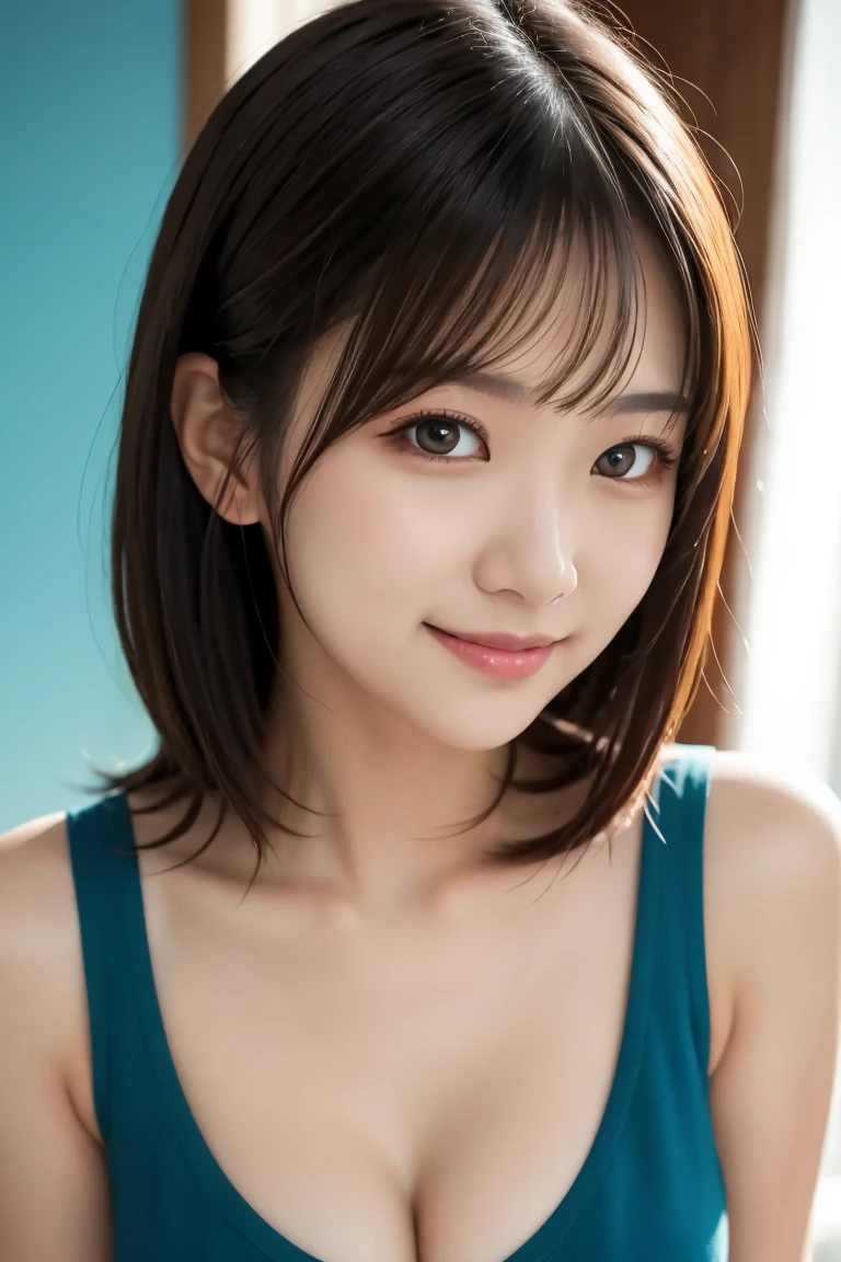 masterpiece,  best quality,  realism,  ultra detail,   fine details,  high definition , 8k wallpaper,  Japanese girl who can see into the distance, 18 years old, ( very cute face like a popular idol), smile, Beautiful slim figure,　Neat and beautiful model ,  Glossy Black Hair ,  beautiful detailed eyes ,  ( Teal Eyelids),  natural lips,  smaller breasts,  white sleeveless blouse, 