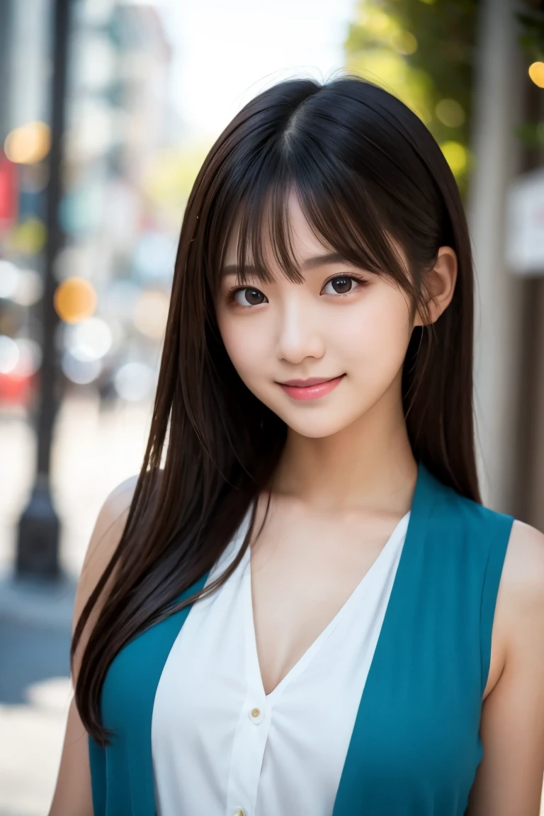 masterpiece,  best quality,  realism,  ultra detail,   fine details,  high definition , 8k wallpaper,  Japanese girl who can see into the distance, 18 years old, ( very cute face like a popular idol), smile, Beautiful slim figure,　Neat and beautiful model ,  Glossy Black Hair ,  beautiful detailed eyes ,  ( Teal Eyelids),  natural lips,  smaller breasts,  white sleeveless blouse, 