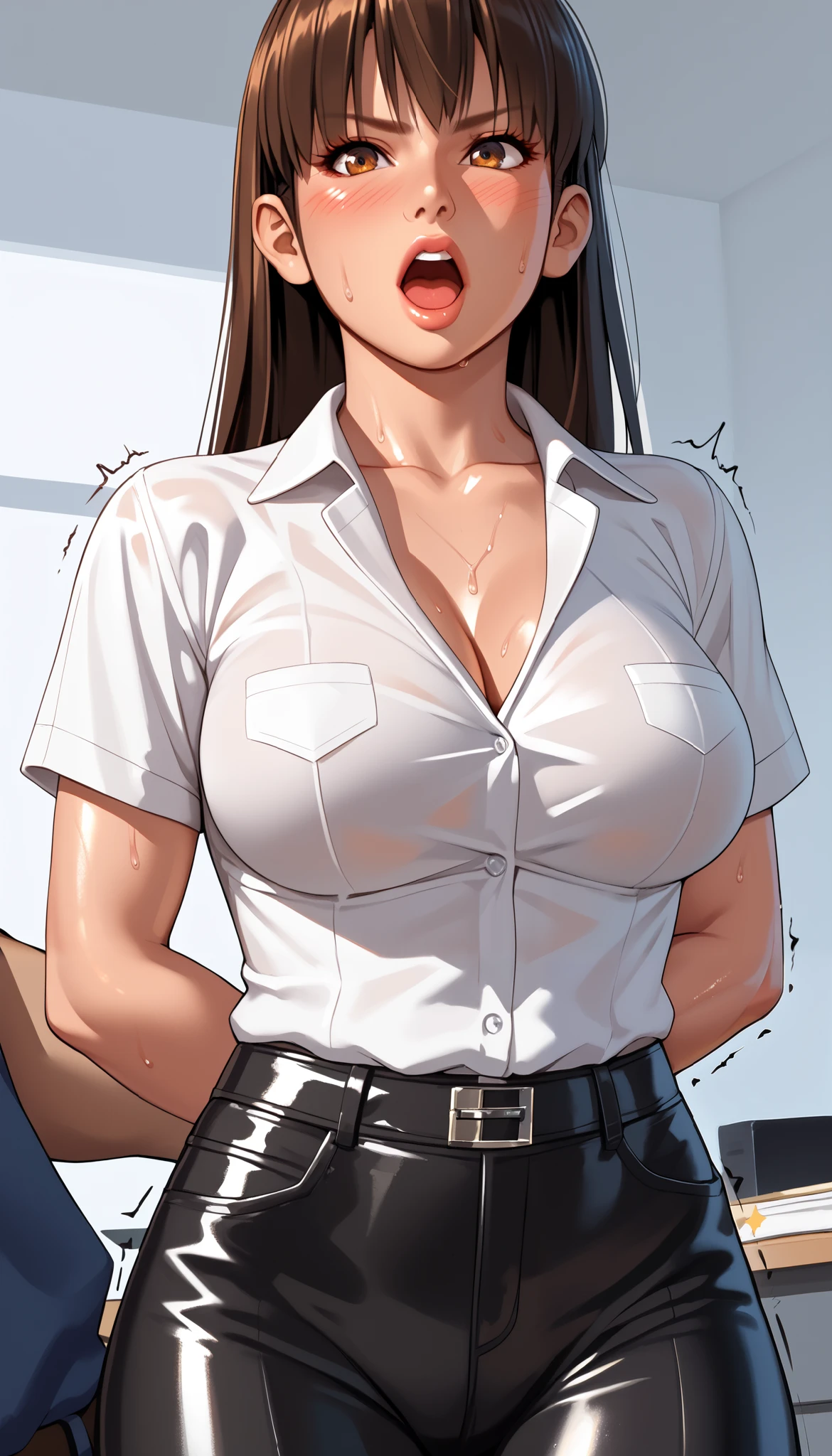 LeiFangDOA, gasp, 1 girl and 1 male, {a male holding girl’s groin}, glossy black pants, a glossy white business shirt, arms behind back, {{arching the body backward}}, office lady, be breathless, sweat, sparkling sweat, trembling, long brown straight hair, breasts, [[angry]], blush, {anguish}, {{shameful}}