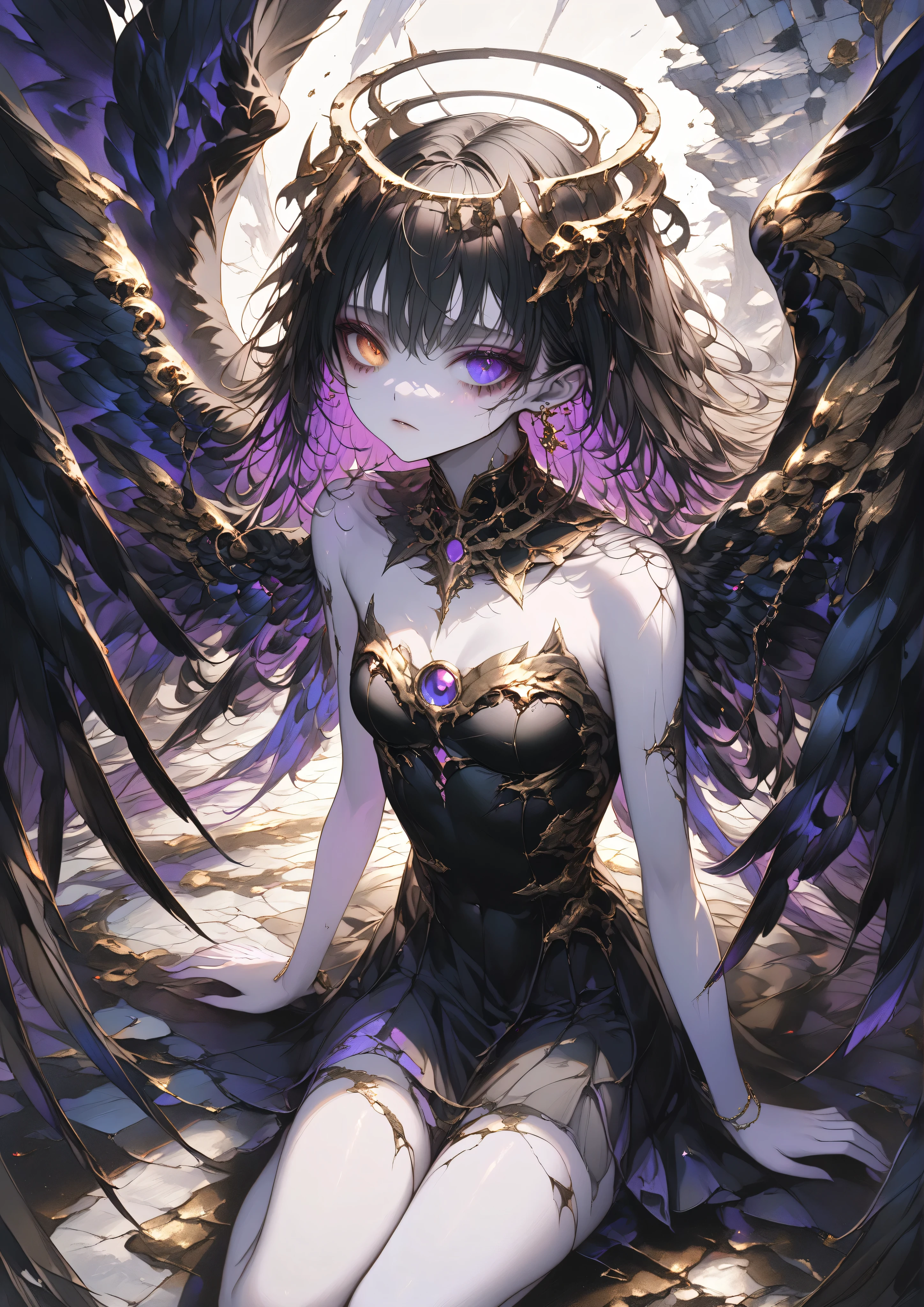 Wild　Young Black Harpy　Black Hair Black Wings　Blue Eyes　Gothic　Sleep　Pure　Belt on torso　Japanese anime hand drawn illustration　whole body　Character portrait　Dark Skin　serious　Dark atmosphere　Black waistband　Nipples　nipple　nipple　small breasts