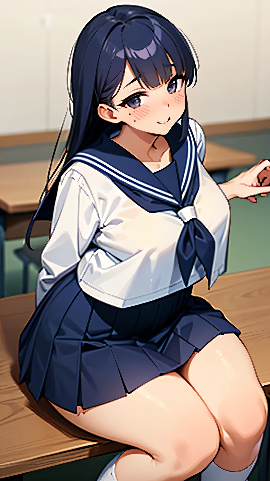 1 girl, kanon kanase, , blush, medium breasts, sleeveless,(((school uniform))), sitting indoors, 20-year-old, healthy skin.