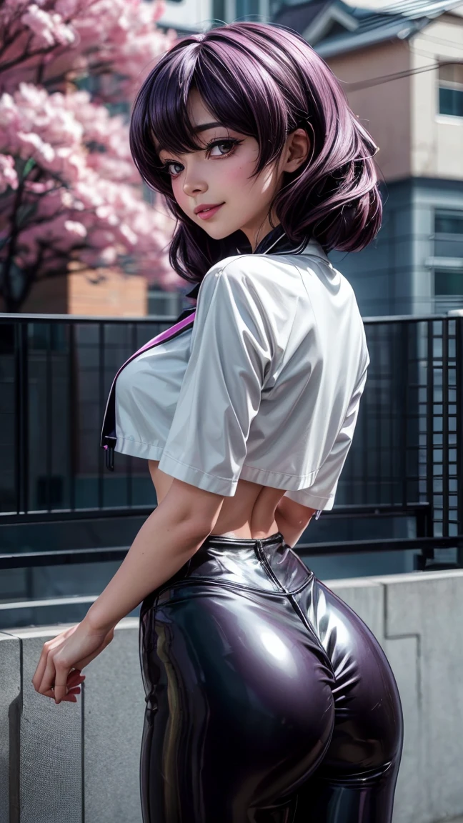 utena hiiragi, magia baiser, underboob shirt, latex leggings, perfect ass, perfect breast, perfect body, slim, sexy, beautiful, cute, smiling, 8k, ultra-detailed, realistic, photorealistic, photo-realistic:1.37, best quality, 4k, highres, masterpiece:1.2