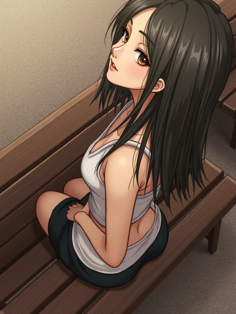 Yuri sentada en un banco del parque., Aspecto lindo, DDLCYURI, adorno para el pelo, Pecho grande, Hombros descubiertos, camisa, Pinza para el cabello, pelo entre los ojos, pelo largo, (ojos morados:1.1), cabello purpura, vaqueros, estilo de los 80