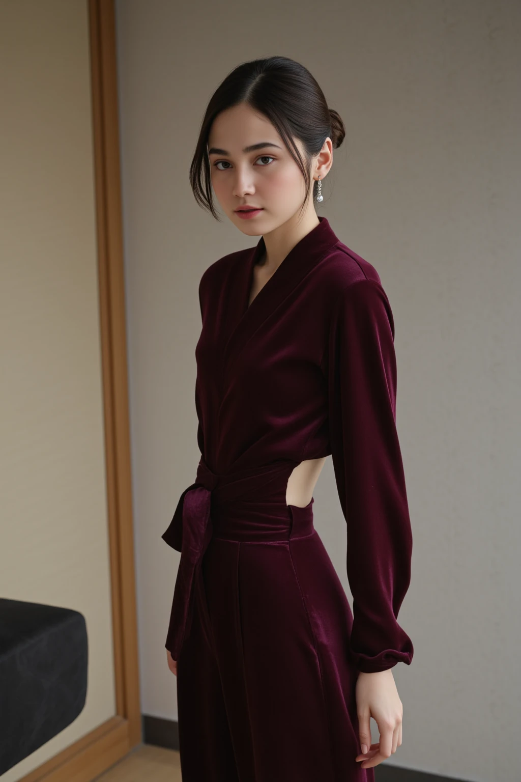 Wearing a velvet long t-shirt and velvet long pants,  Japanese girl