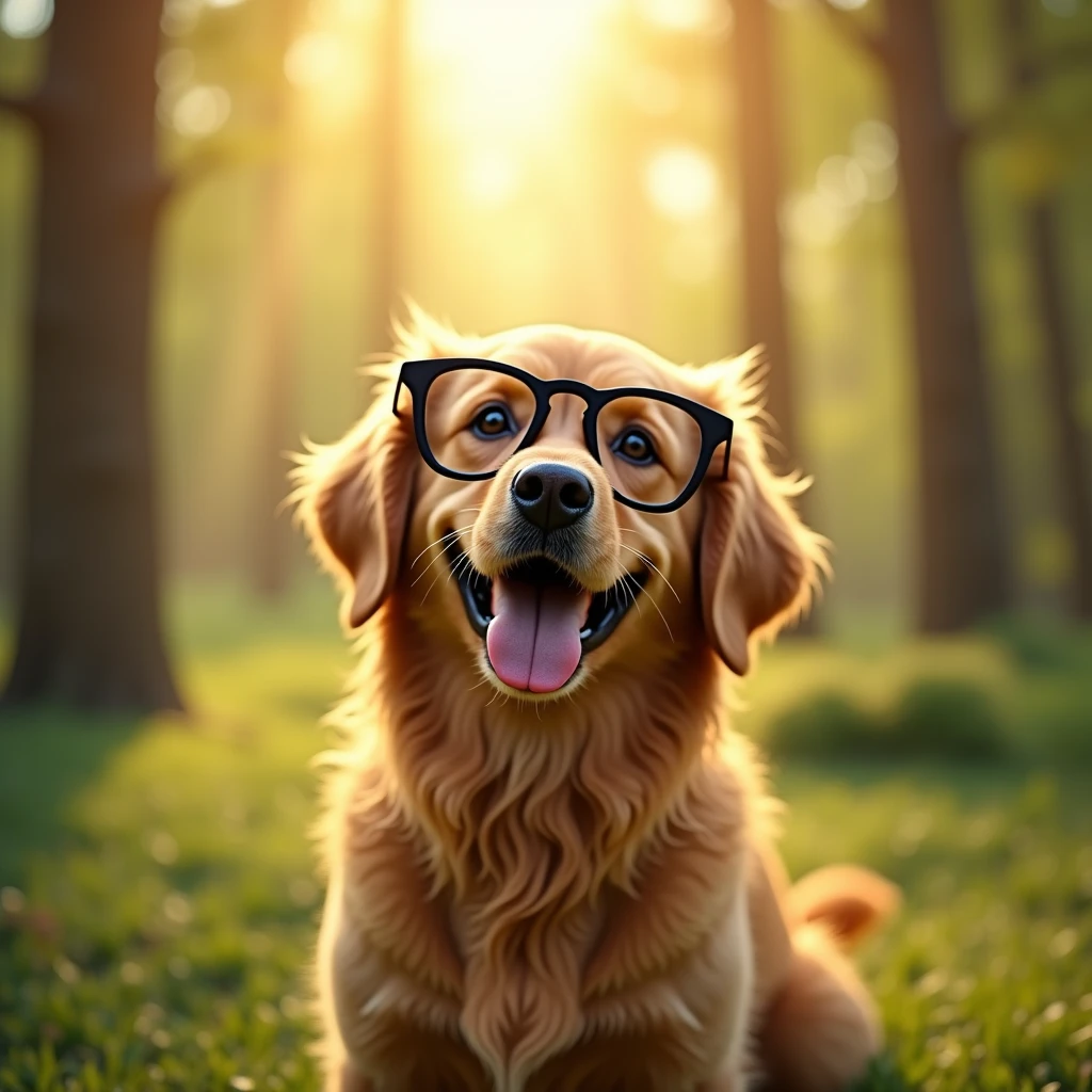 A Golden Retriever ( dog) wearing square black ,  with an open mouth making an expression of happiness looking into the distance, The setting is a beautiful forest with rays of sunlight ,  realistic photo 
