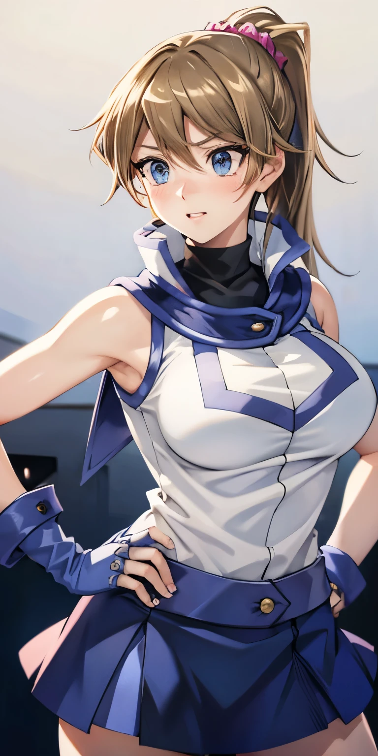 1 Female,High definition,high resolution,Ultra-realistic,8K, bbmazaki, ponytail, hair scrunchie, blue eyes, white jacket, sleeveless, blue skirt,tight skirt , miniskirt,fingerless gloves, large breasts,European,sexy,Upper body close-up,Photographed from the front,Dynamic Angles,(blush), (medium tits) ,(hands on hips)