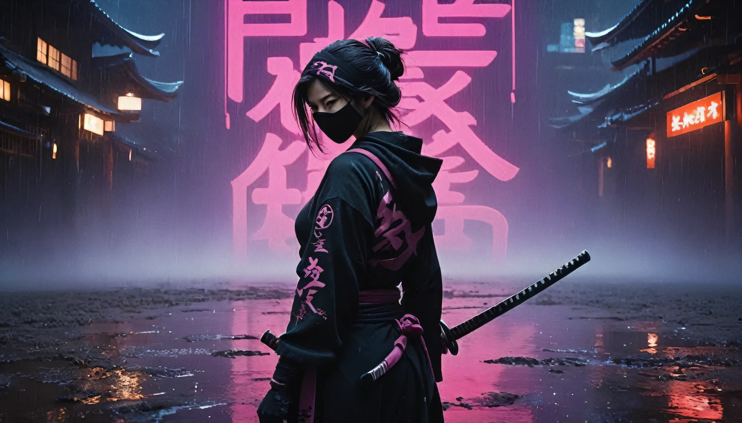 8k,masterpiece,best quality,when no one is around,cool back shot of a female ninja wearing a stylish and cute ninja hoodie maiko style showing off cleavage, with one eye covered with a black cloth like an eyepatch, stands alone, facing the viewer, holding a sword in one hand and a large, shining shuriken in the other. Behind her, a simple sign of a futuristic Japanese neon that shines in pink and purple is reflected in a large puddle. There is no one around.
