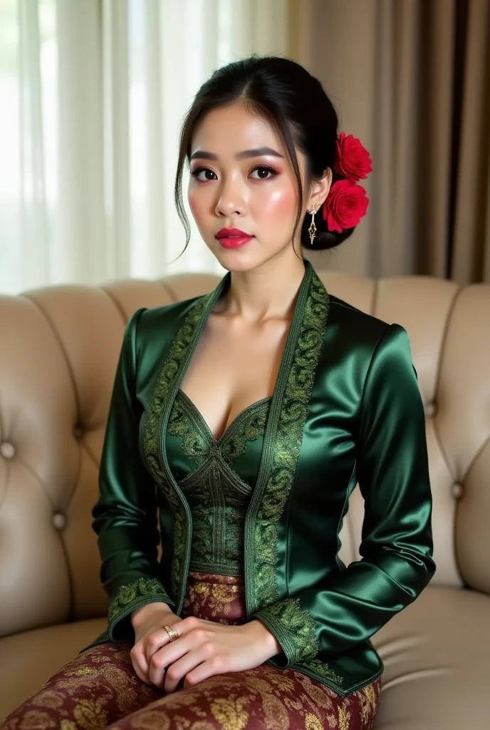 A refined Indonesian woman sits upright on a cushioned beige sofa in an indoor setting. She is dressed in a luxurious holographic dark green kebaya with intricate green patterns and long sleeves, complemented by a brown batik skirt with gold accents. Her makeup emphasizes her features with contoured cheeks and glossy pink lips. Her hair is neatly styled in a traditional bun, accessorized with red flowers. The softly lit interior has neutral tones, with curtains in the background enhancing the elegant atmosphere.
