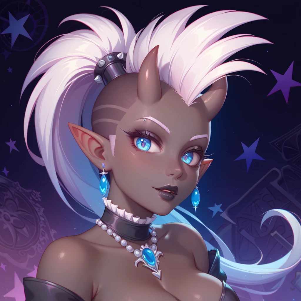 score_9, score_8_up, score_7_up, ((Masterpiece)), ((highres)), ((1person, 1girl, 1female)), Random poses, beautifully detailed succubus girl, ((white mohawk w/ponytail)), defined elf ears with ear guages, defined eyes, pastel iris, long eye lashes, defined nose, black lipstick, curvy, (((Black skin))), black demon horns, breasts, night sky, pastel gothic style, gothic style art, gothic asthetic, (((gothic dark pattern background))), bust shot, 