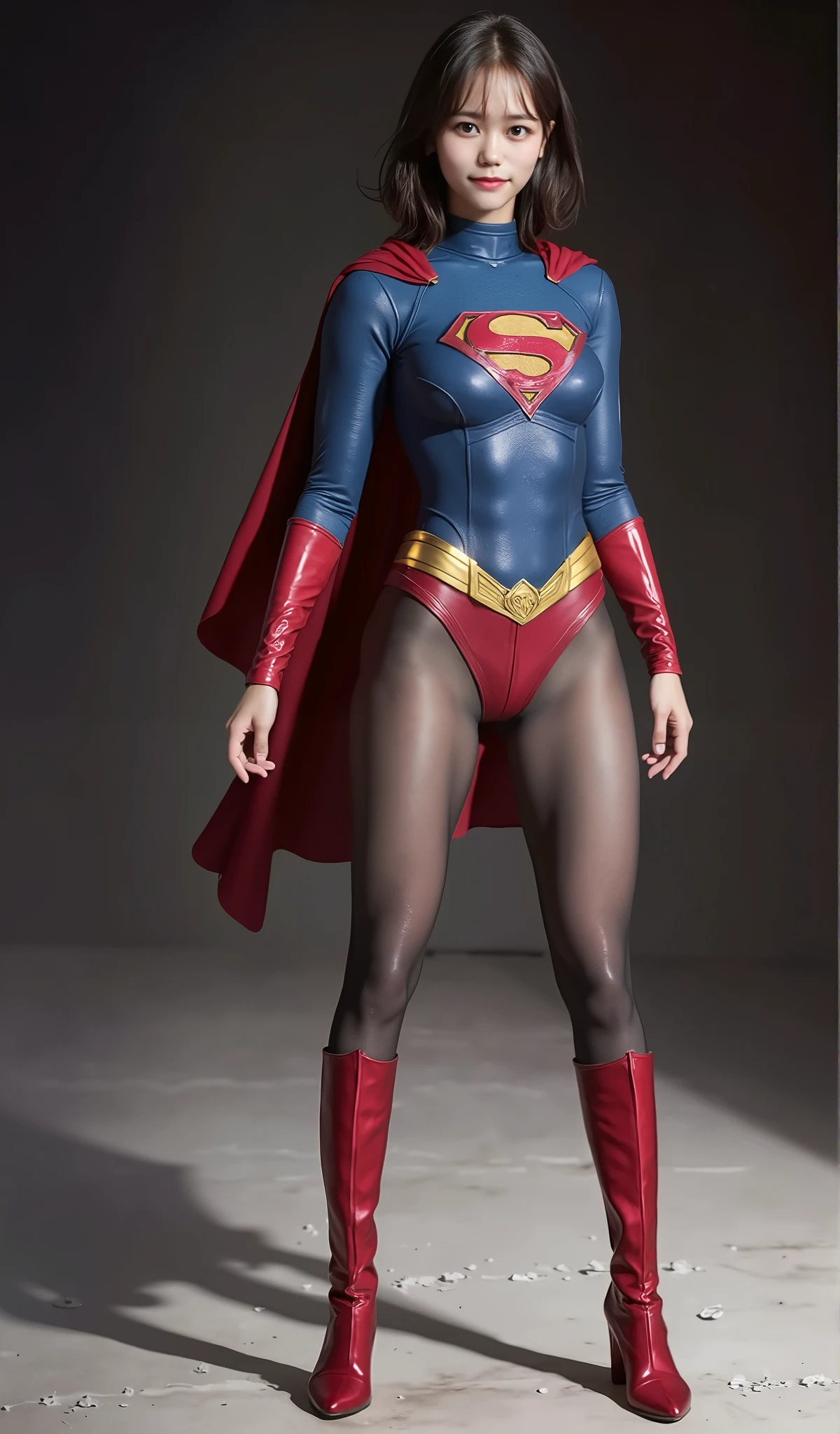 No background、(((Beautiful legs in black tights.)))、(((Legally express the beauty of your smile)))、((((Make the most of your original images)))、(((Body-hugging Supergirl costume)))、(((Supergirl Costume)))、(((Beautiful short bob hair)))、(((She is winking cutely.)))、(((Please wear black tights....、Wear red boots)))、((Best image quality、8k))、((highest quality、8k、masterpiece:1.3))、(((Preserve background )))、Sharp focus:1.2、Beautiful woman with perfect figure:1.4、Slim Abs:1.2、Wet body:1.5、Highly detailed face and skin texture、8k