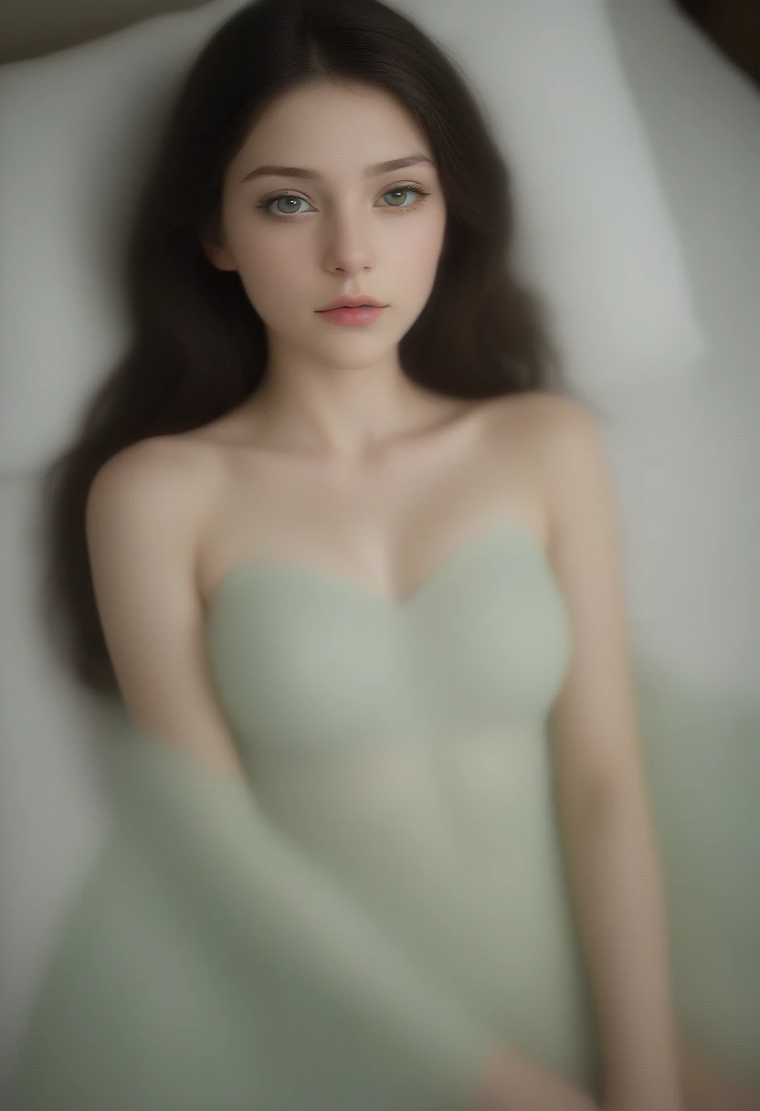 Masterpiece, Best Quality, 8K, Photographic Reality, Realistic, Octane Rendering, pale skin teen girl laying in bed (1 Woman: 1.4), (Only One woman on the Screen: 1.3), (Virgin), (lingerie), (Long dark brown wavy Hair), (innocent), (Green Eyes) Upper Body Display, pale skin, young girl, innocent, NSFW