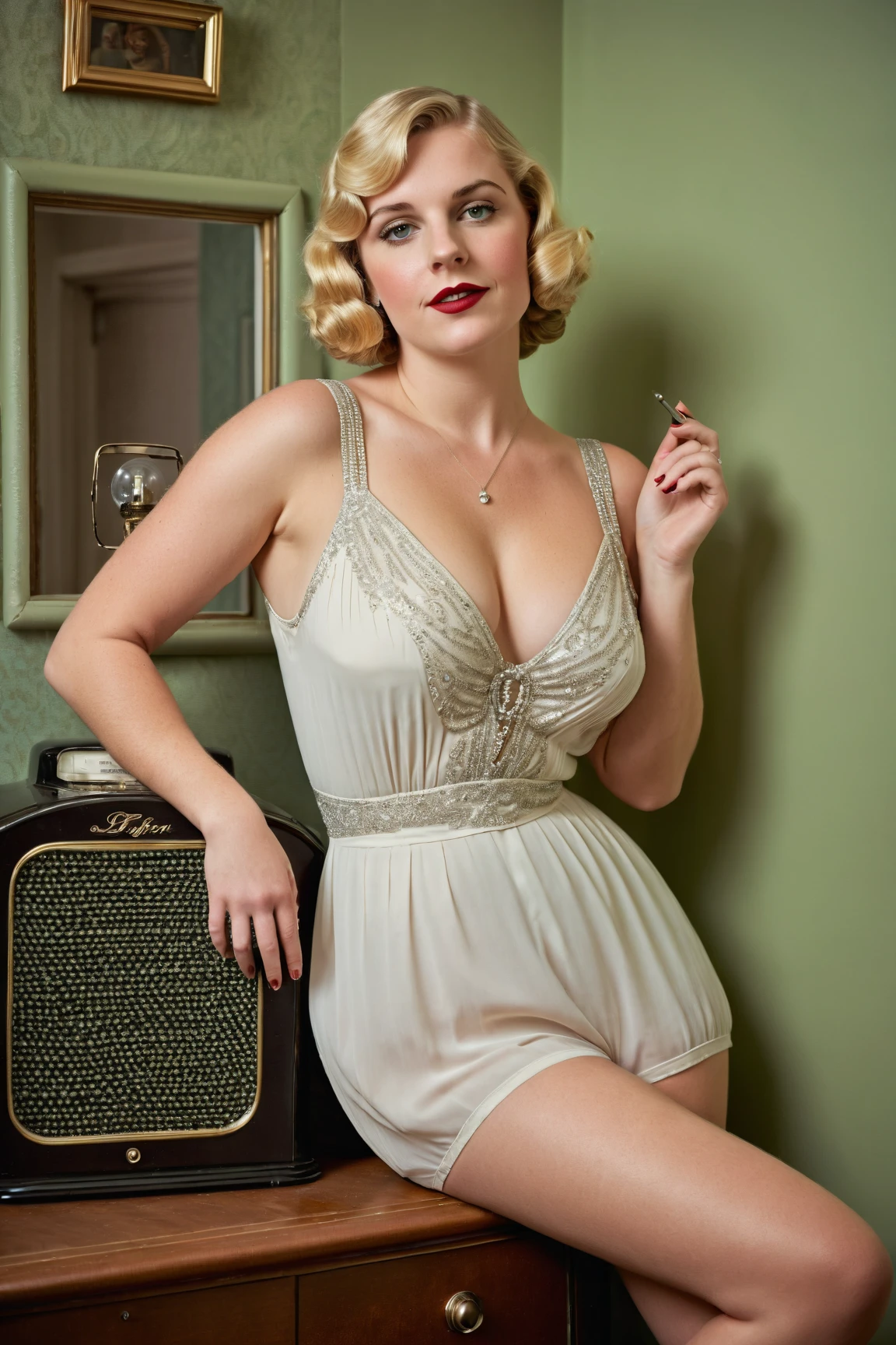 NSFW, photorealistisch, beautiful Gesicht, (Meisterwerk:1.4), (best quality:1.4), extremely detailliert, hyper-detailliert, Sanfte Beleuchtung, 38 year old beautiful pin-up woman standing in a hotel room with a serving tray, big , drooping breasts, harte Brustwarzen, kurzer blonder Haarknoten, rasierter Schambereich, (perfekt_Gesicht), dressed in a very short black French maid costume, A strap has slipped down and a breast is visible, Lace stockings, High Heels, goldener Schmuck, kompliziert, 4K, detailliert_Hintergrund, voll_Body, realistisch, 8 TAUSEND, sexy, very cheeky smile, sehr herausfordernder Gesichtsausdruck
