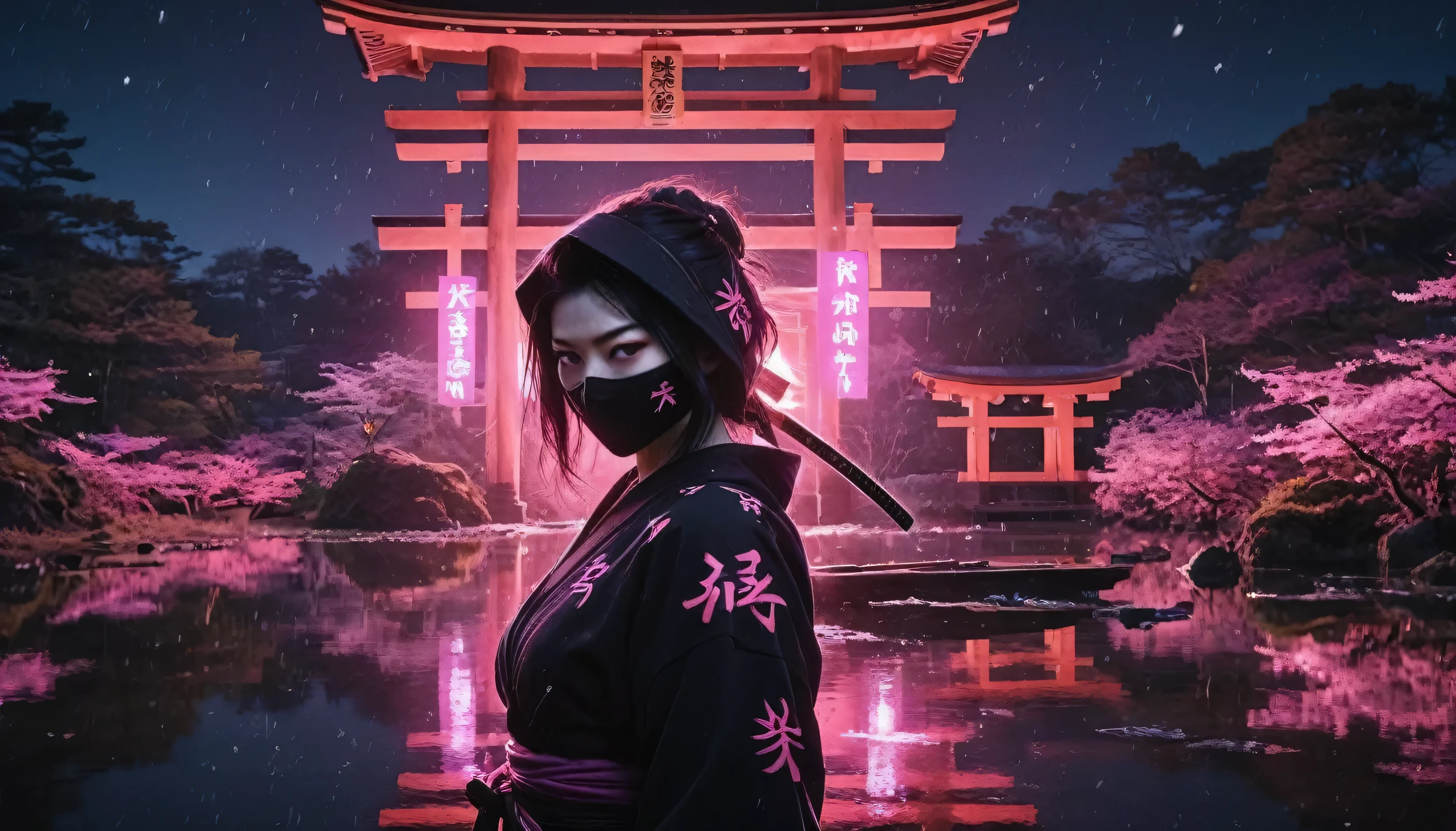 8k,masterpiece,best quality,when no one is around,a female ninja wearing a stylish and cute ninja hoodie maiko style showing off cleavage, with one eye covered with a black cloth like an eyepatch, stands alone, facing the viewer, holding a sword in one hand and a large, shining shuriken in the other. Behind her, a simple sign of a futuristic Japanese neon that shines in pink and purple is reflected in a Japanese SEKITEI pond. There is no one around.