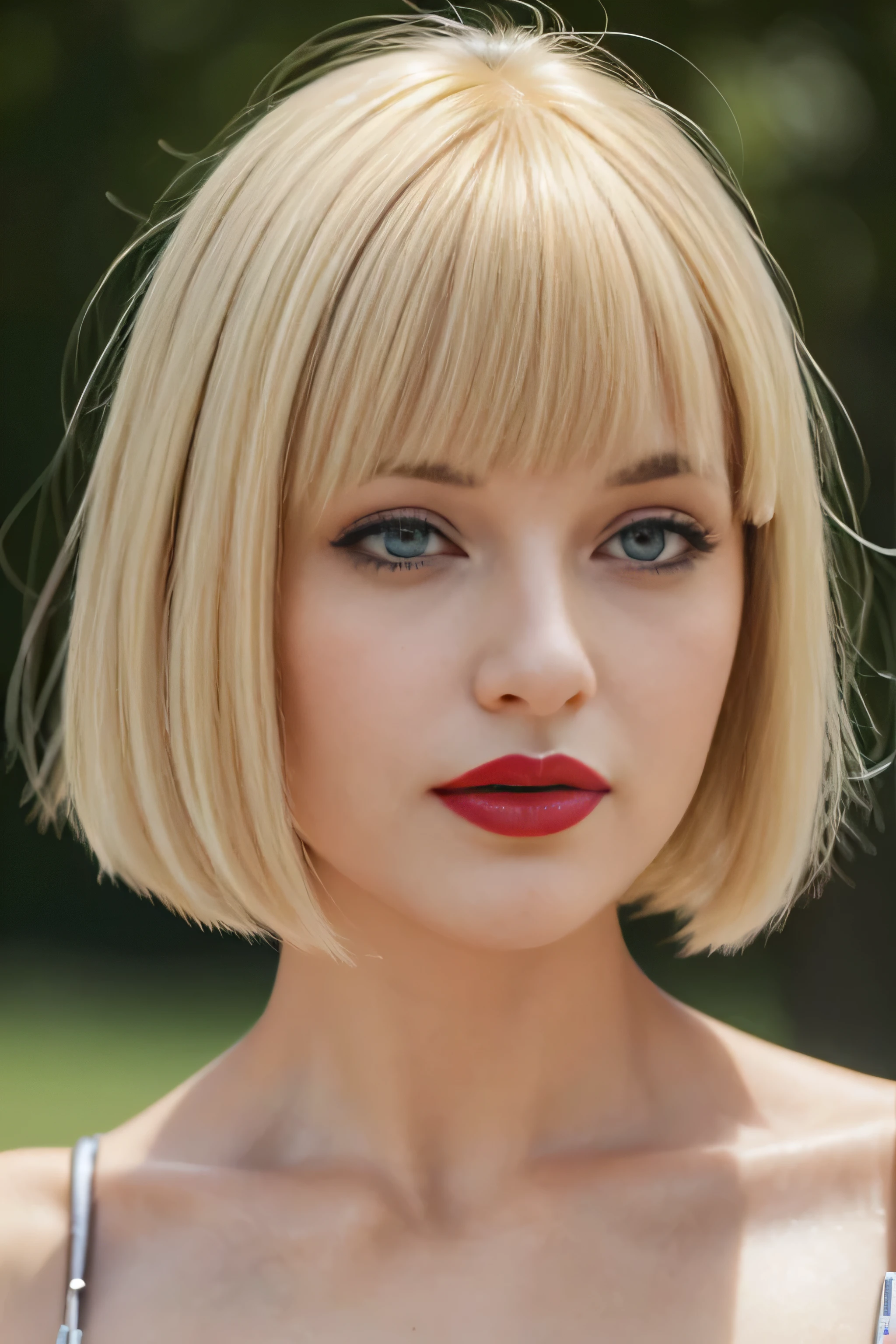 woman 30s (freckles:0.8) photograph hairstyle bangs blonde