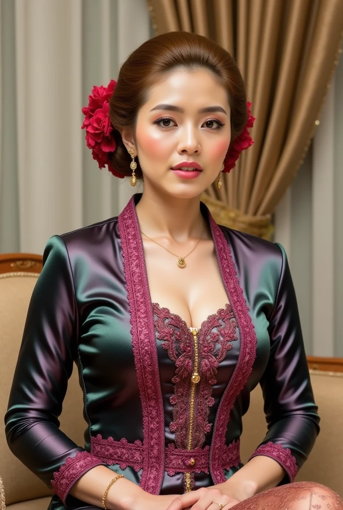 An elegant Indonesian woman is seated indoors on a beige sofa. She is wearing a holographic dark greenish magenta satin kebaya with magenta embroidery on the bodice and edges, paired with a traditional brown batik skirt. Her makeup is bold, featuring defined eyebrows, blush-pink cheeks, and glossy lips. Her hair is styled in a voluminous bun adorned with red floral accents. The background features soft beige curtains, creating a warm and formal ambiance.