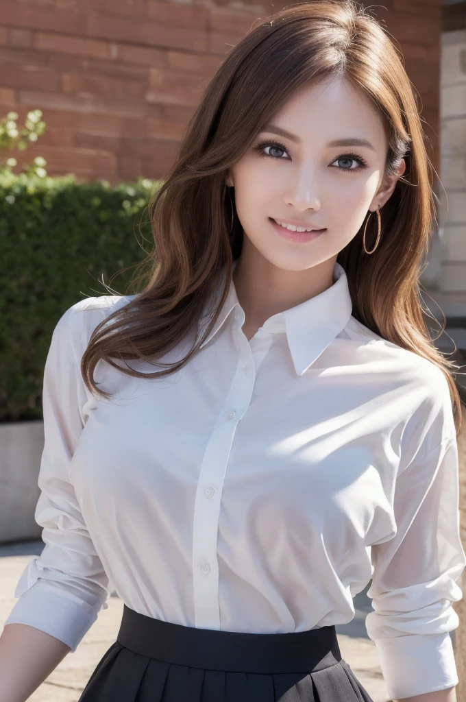 ((top-quality、in 8K、masterpiece:1.3、超A high resolution))、(Clear focus:1.4)、BREAK、A Japanese Lady、cute little、1 persons、full body Esbian、light skinned、((dark brown hair))、Long naturally wavy hair、Break HA、(Detailed fabrics、Detailed fabrics、Casual button-down shirt:1.5、JINS)、Break HA、Leather Tote Bag、Heel Shoes、Break HA、Super fine face、A detailed eye、Narrow-eyed、Moisturized eyes、二重まぶた、Break HA、Reddish cheeks、Detailed skin、Sweating、Lustrous skin、glowy skin、Shine skin、Shaded skin、glowy skin、Wearing makeup、Break HA、Detailed lips、ruddy lips、Laughing、Break HA、(Colossal tits:1.1)、Beautiful leg line、looking in camera、BREAK、(细致背景:1.1、festival:1.8)、Natural lighting