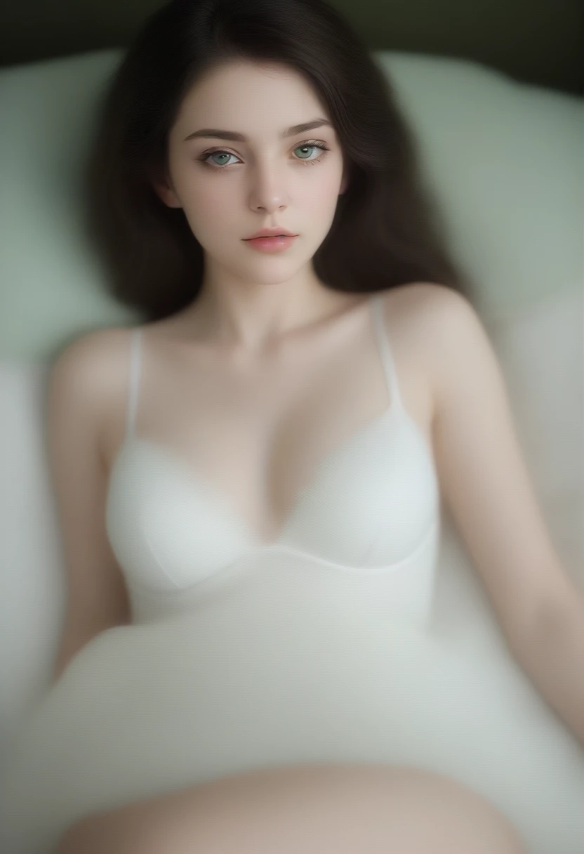 Masterpiece, Best Quality, 8K, Photographic Reality, Realistic, Octane Rendering, pale skin teen girl laying in bed (1 Woman: 1.4), (Only One woman on the Screen: 1.3), (Virgin), (white lingerie), (Long dark brown wavy Hair), (innocent), (Green Eyes) Upper Body Display, pale skin, young girl, innocent, NSFW