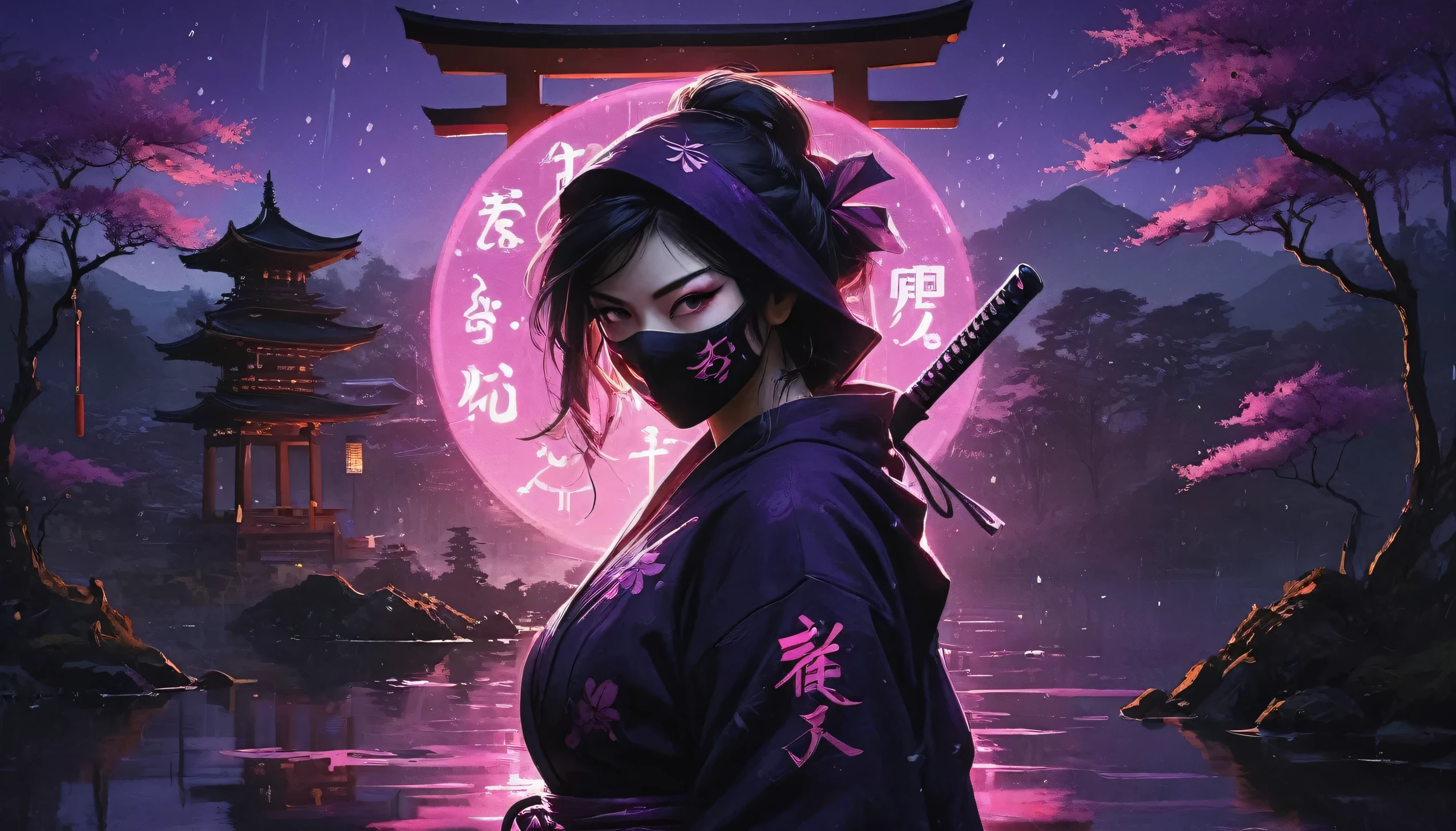 8k,masterpiece,best quality,when no one is around,a female ninja wearing a stylish and cute ninja hoodie maiko style showing off cleavage, with one eye covered with a black cloth like an eyepatch, stands alone with dark violet aura, facing the viewer, holding a sword in one hand and a large, shining shuriken in the other. Behind her, a simple sign of a futuristic Japanese neon that shines in pink and purple is reflected in a Japanese SEKITEI pond. There is no one around.