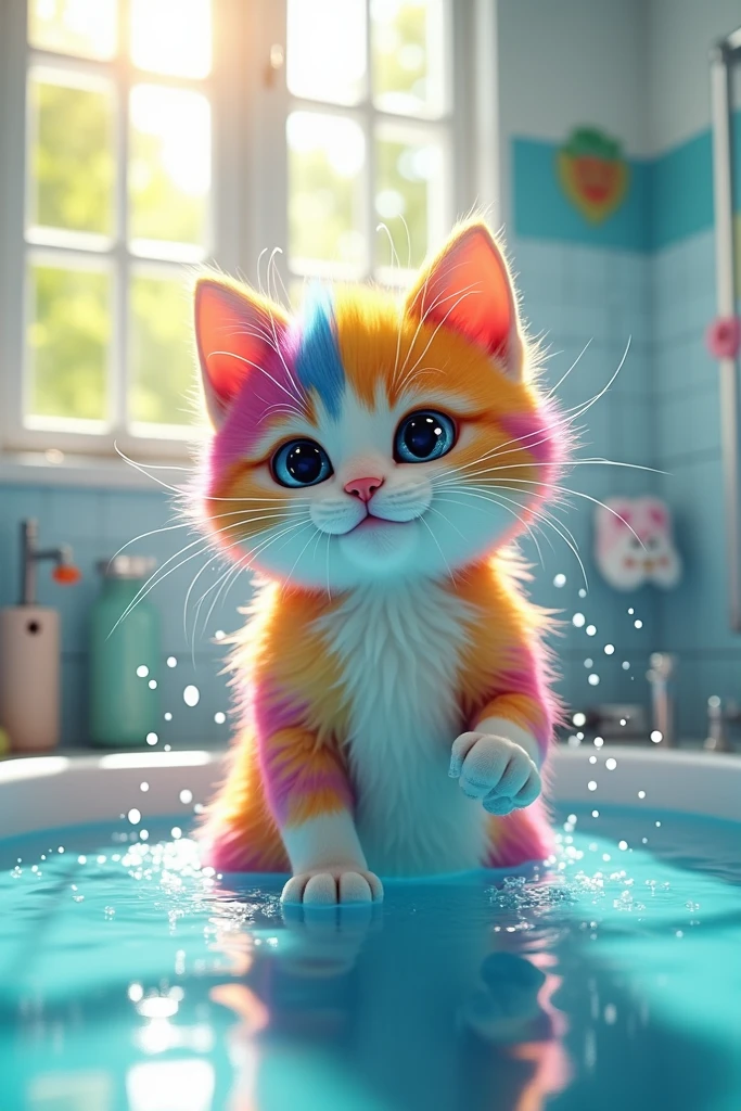 A cat is sitting in a bathtub filled with bubbles, and a fluffy cat is standing next to it, beeple and jeremiah ketner, adorable digital painting, 3 d icon for mobile game, 3 d littlest pet shop cat, cat cat dreamcats, cat from the void, normal map, cute detailed digital art, cats cat dreamcats, cat. digital painting, cute 3 d render, nights. multiple light sources, rim light, sharp post effects render, (glossy plastic texture with multiple big light probe refractions), perfect cgi, cgi art, smooth silhouette, high intensity refraction, (plastic material), most beautiful vfx, blue background, plastic refractions. It in 4k resolution, allowing viewers to immerse themselves in the richness of the colors and intricate details. The realistic rendering. under the spotlight, reflecting, high-resolution image, realistic rendering, dark background, and rim light photorealistic.
