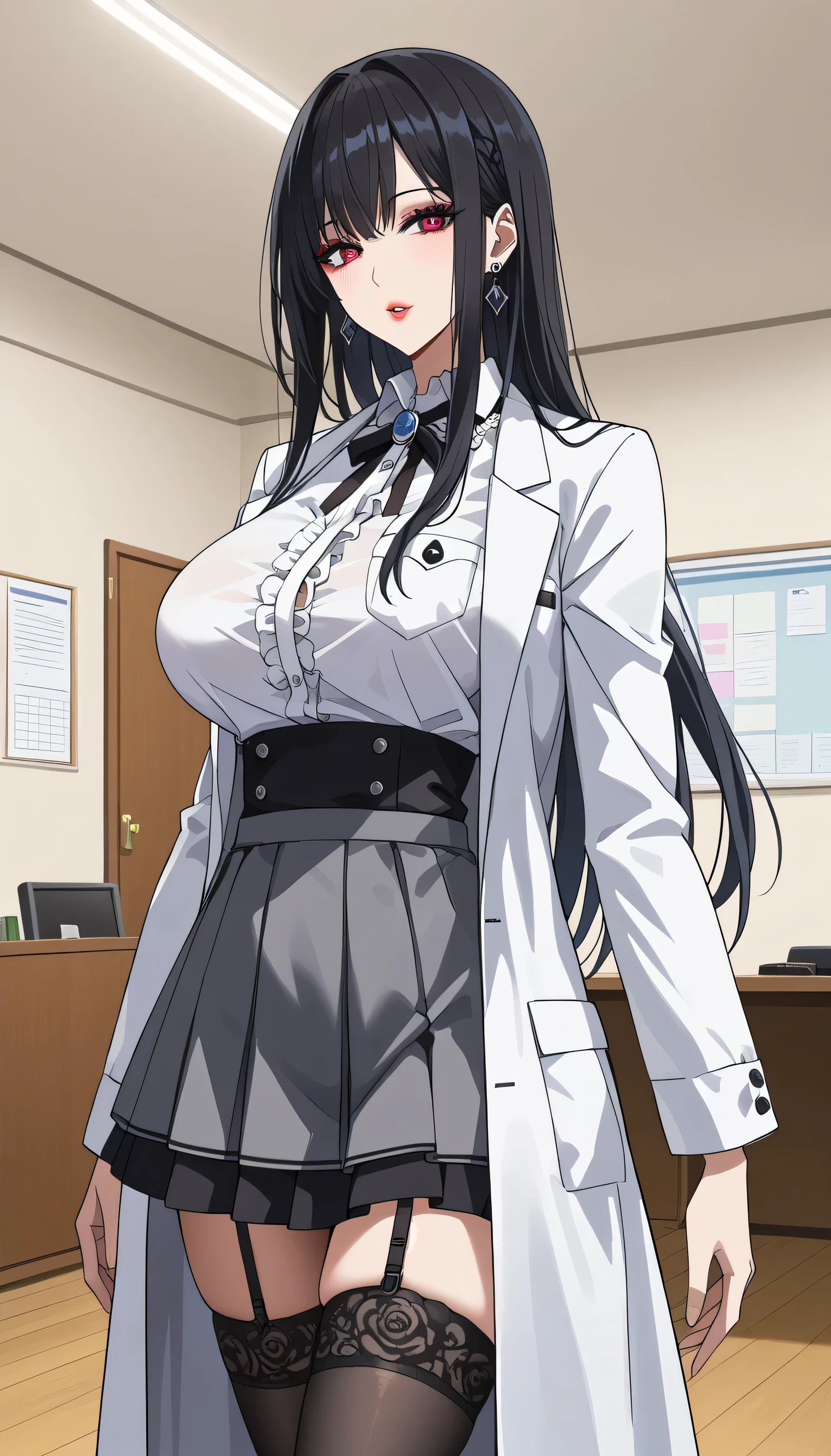  score_9,  score_8_up,  score_7_up,  source_Anime,masterpiece、 office、office、 No Emotion、 no makeup、 best quality, beautifully detailed eyes ,  Beautiful Detailed Lips、 highly detailed eyes and face,Unmotivated look、Apathetic face、 long breasts, 1 female, Put on a white coat、Grey dress shirt、Gothic ****ta shirt under a white coat、Grey Gothic ****ta Shirts 、Gothic and ****ta Skirts、 Grey Gothic ****ta Shirts、Gothic ****skart 、 Mini Skirt、 short skirt  , Big saggy breasts, shockingly  Big Breasts ,  Big Breasts , room,Big Breasts、 boobs 、 zitales, makeup、 no makeup、 black hair、 Long Hair、Smooth straight hair、 black stockings 、 garter belt 、黒の garter belt 