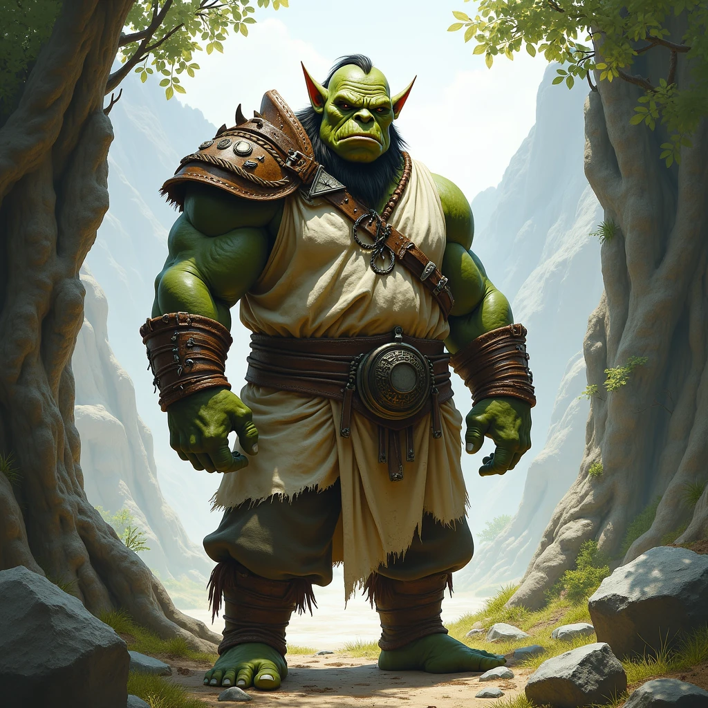 Old goblin, muscular,big body,muscle goblin,old goblinlarge, musculiar, orc, midieval peasant clothes, green skin, white beard, bald, DnD, fantasy, tall, barbarian