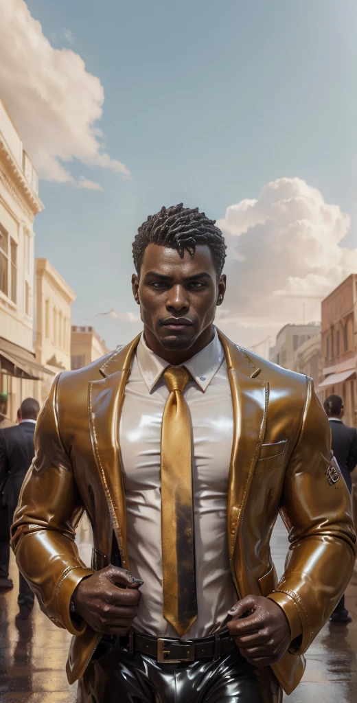 photo of muscular (19y.o African American) in a worn ((wearing a zegna business suit and tie, shirt, jacket, belt, mixed-up with latex tech:1.2)), big pecs, big arms, large bulge, ((light bokeh)), intricate, (steel metal [rust]), elegant, erotic, exuding sexual energy, homoerotic, sharp focus, photo by greg rutkowski, soft lighting, vibrant colors, (masterpiece), ((streets)), (detailed face), looking at viewer, ((black gold marble sculpture)) 