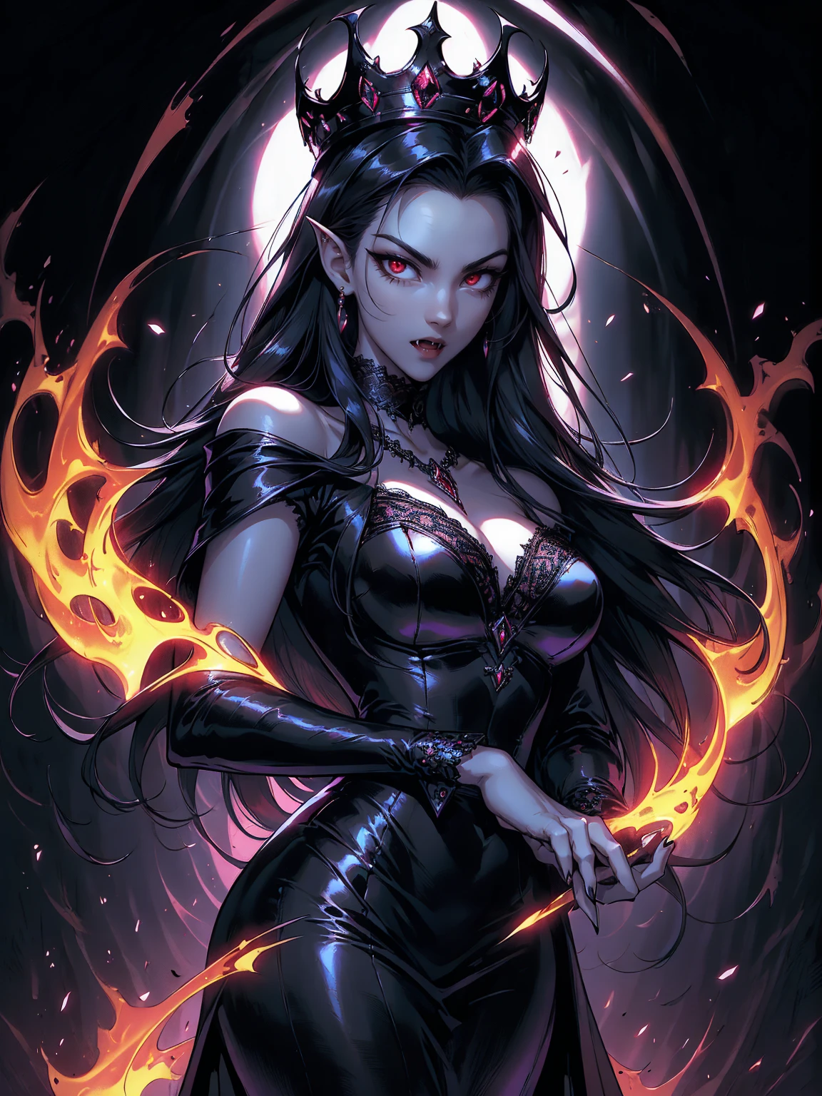 (masterpiece), (unrivalled quality:1.4), ultra-high resolution, [:velvet textures:0.2], hyperrealistic, dark fantasy portrait, 1 woman, adult (succubus:0.7) with a sly smirk, hypnotic ruby red eyes, raven-black hair cascading in waves, solo, detailed face, (cavernous underworld theme:1.1) (demonic wings:1.05), personified forbidden temptation, allure, power, darkness, succubus mythology symbolism, firelight, glow, rich purples and reds, symmetry, obsidian, foreboding cavern background, otherworldly infernal atmosphere