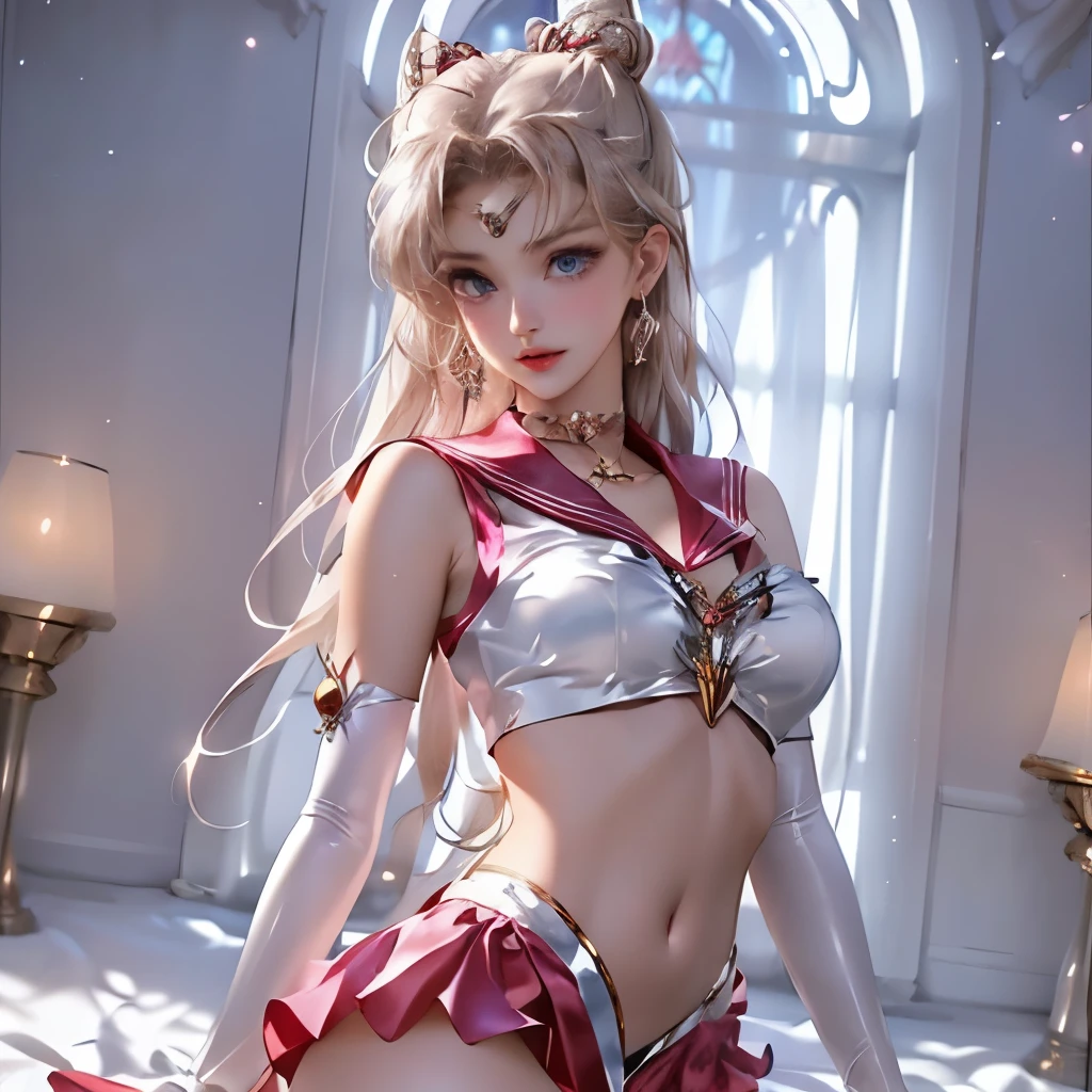 masterpiece, full: 1.3, to stand, 8K, 3D, Realistic, Ultra Micro Photography, of the highest quality, Extreme Details CG Unity 8K Wallpapers, From below, Intricate details, (nsfw:1.2),seductive pose,(1 female), 18 years old, (meishaonv,Sailor Moon,very beautiful and perfect face:2,stunning face,tiarra, Sailor Senshi Uniform Sailor: 1.2, Sailor Moon: 1.2), Incredibly long bright twin-tailed blonde, Thin and very long straight twin tail blonde, Hair bun, Red round hair ornament in a hair bun, light pink and white satin Sailor Senshi Uniform:1,5, highly detailed costume, big breasts, (Silver-blue collar, blue sailor collar, Silver blue pre-gate ultra mini skirt: 1.3,Pants are visible,Super High Leg Swimsuit,  very large red bow on the chest,,: 1.3, Long white satin gloves: 1.3, Red gloves on the elbows, very large red bow behind the waist,: 1.1, cleavage looks bigger:1.2, a golden tiara, earrings), (Face Details: 1.5, Bright blue eyes, Beautiful eyes, shiny eyes, thin lips: 1.5, thin and sharp pale eyebrows, long dark eyelashes, Double eyelashes), Luxurious Golden Jewelry, Thin, thin and muscular,,thin waist, SEXY Model Pose, Visible Pore, Seductive smile, Perfect hands: 1.5, Very thin and fitting high gloss silver-white holographic satin, Octane Rendering, highly seductive picture, Strong natural light, Sunlight, exquisite lighting and shadow, Dynamic Angle, Digital SLR, Sharp Focus: 1.0, Maximum clarity and sharpness, (Space background,Moon, dynamic background, Detailed background),Rabbit, Double bun, Twin-tailed, Parted bangs, circlet, Jewelry, earrings, sexy Choker, Red bow, White satin Gloves, identical long sexy satin elbow gloves:1,5, sexy pleated white satin skirt:1,5,nffsw